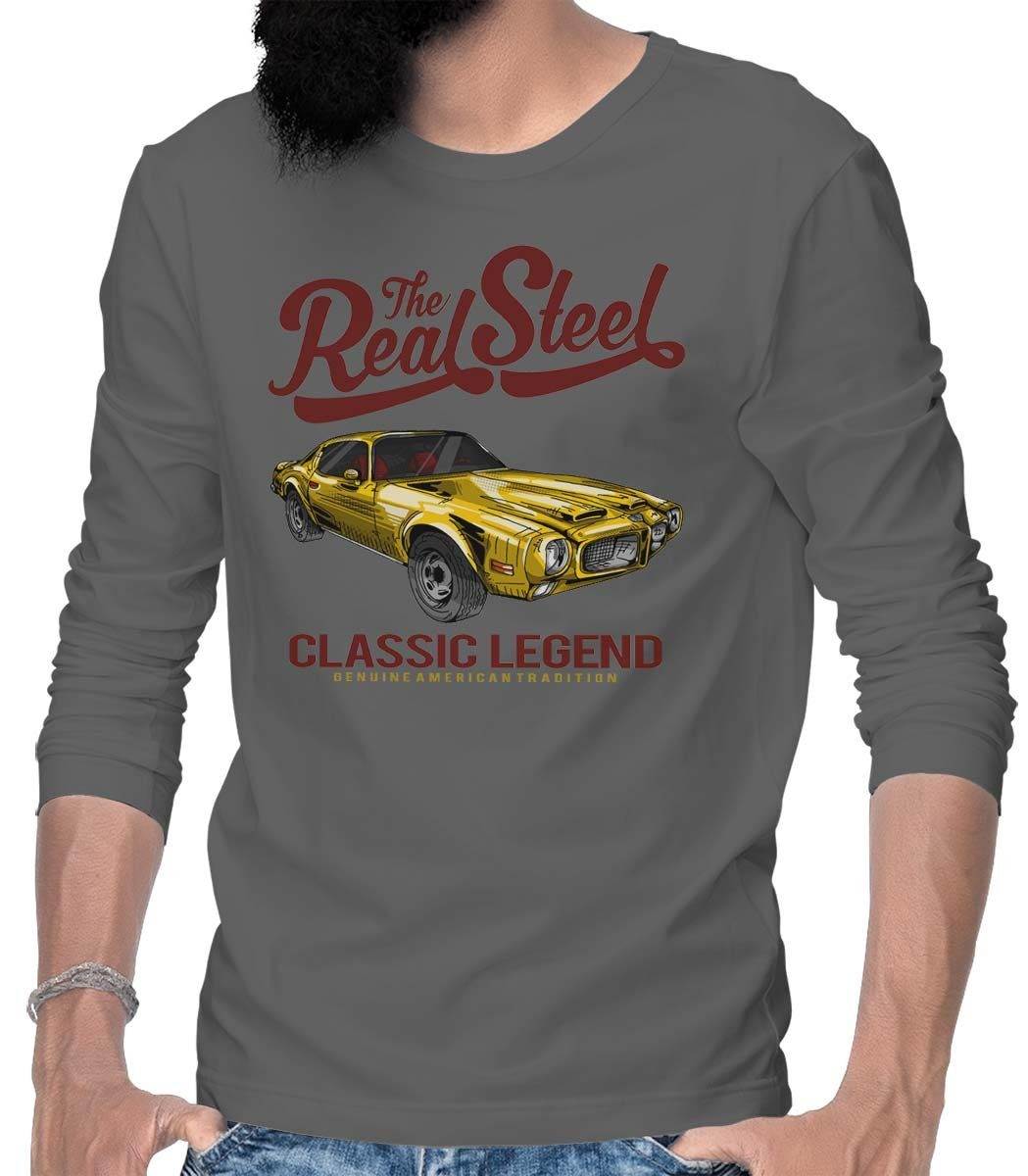 Auto The Wheels / mit On Herren US-Car Rebel Grau Langarm Steel T-Shirt Longsleeve Real Motiv