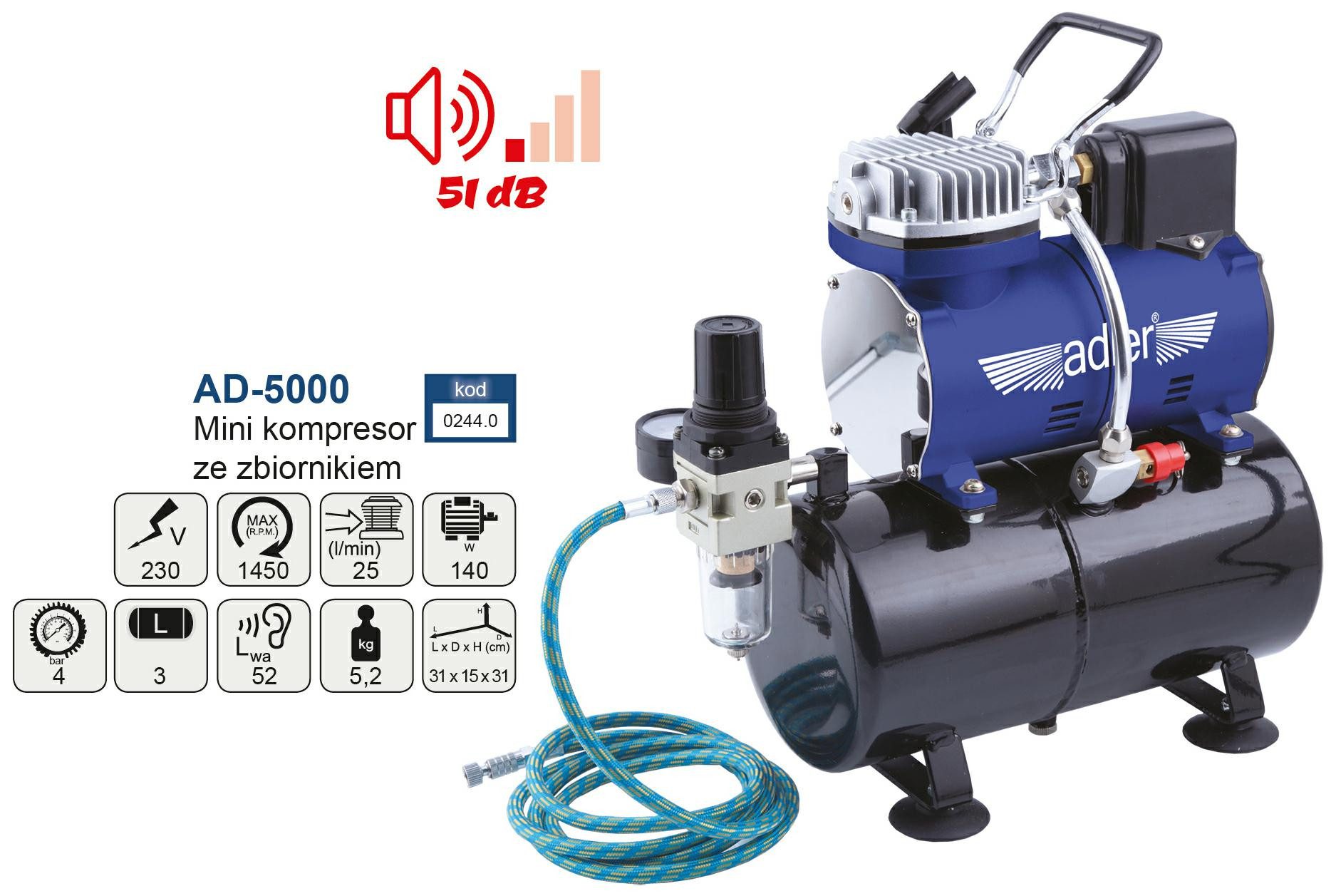 Adler - Forst- und Gartenwerkzeuge Airbrush-Kompressor ADLER Mini-Kompressor für Aerographen AD-5000