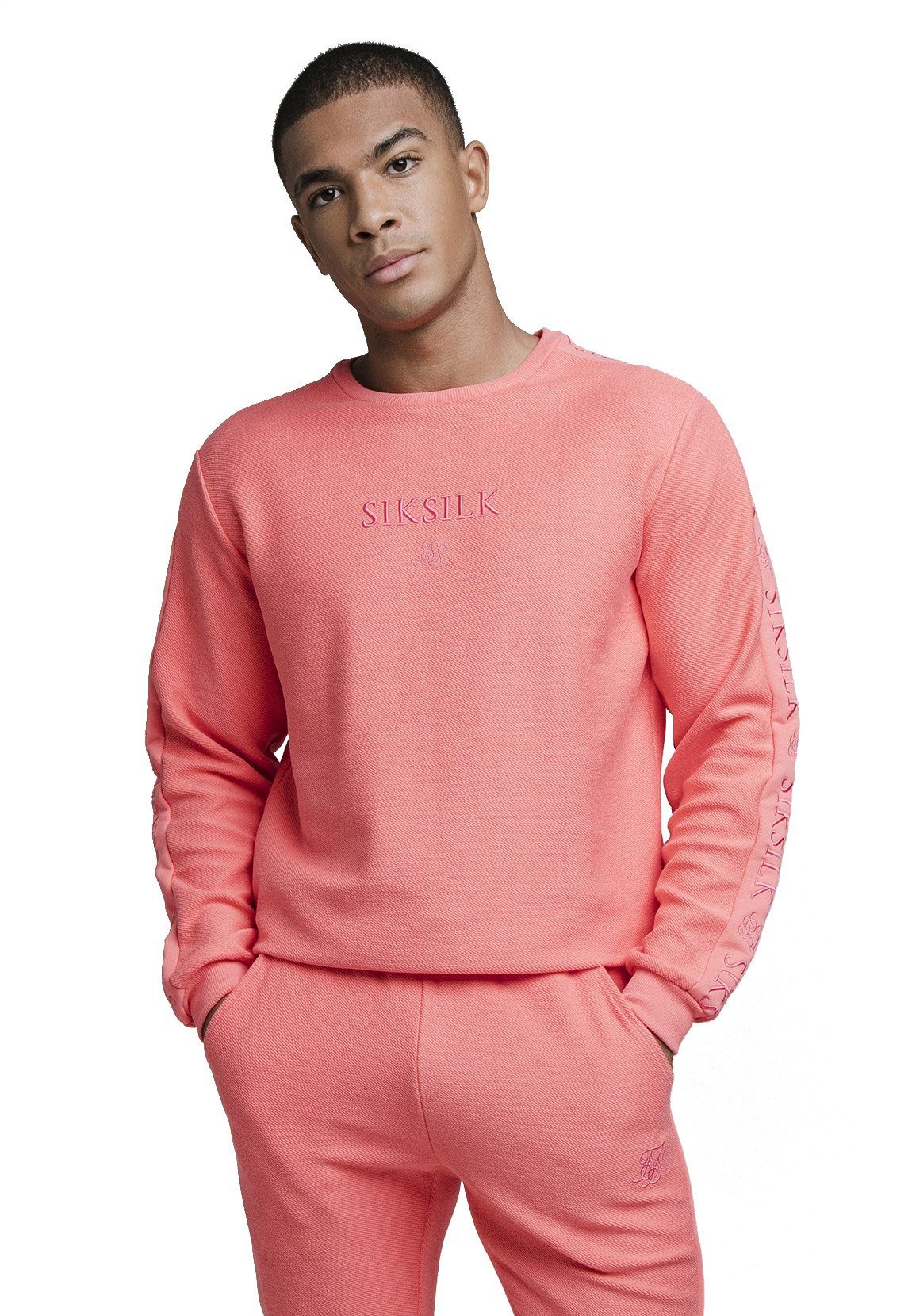 Siksilk Sweater SikSilk Herren Crewneck L/S LOOP BACK EMBROIDERED SWEATER  SS-19125 Pink