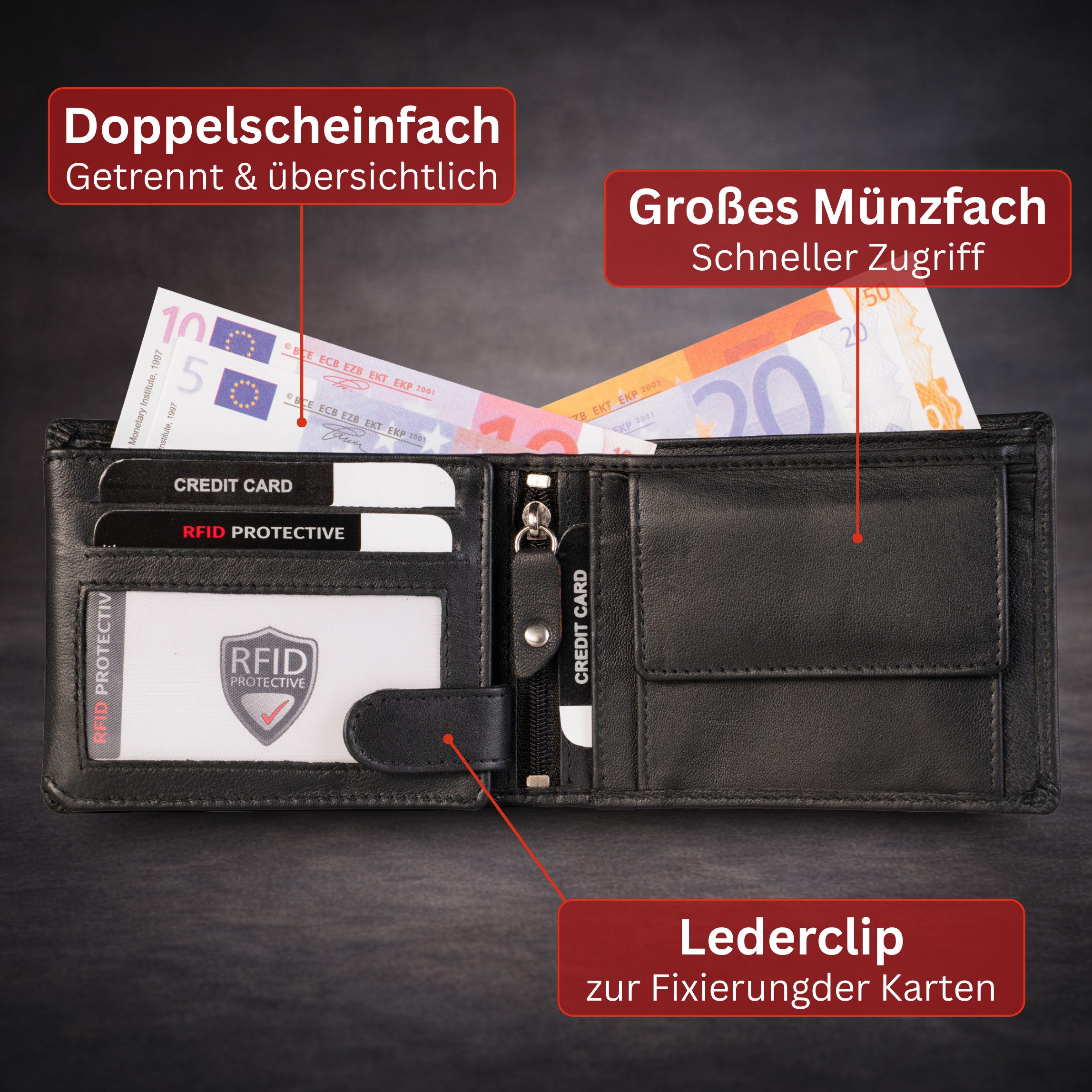 cocoono Geldbörse Herren Geldbörse Echtleder RFID-Schutz mit Münzfach, Leder