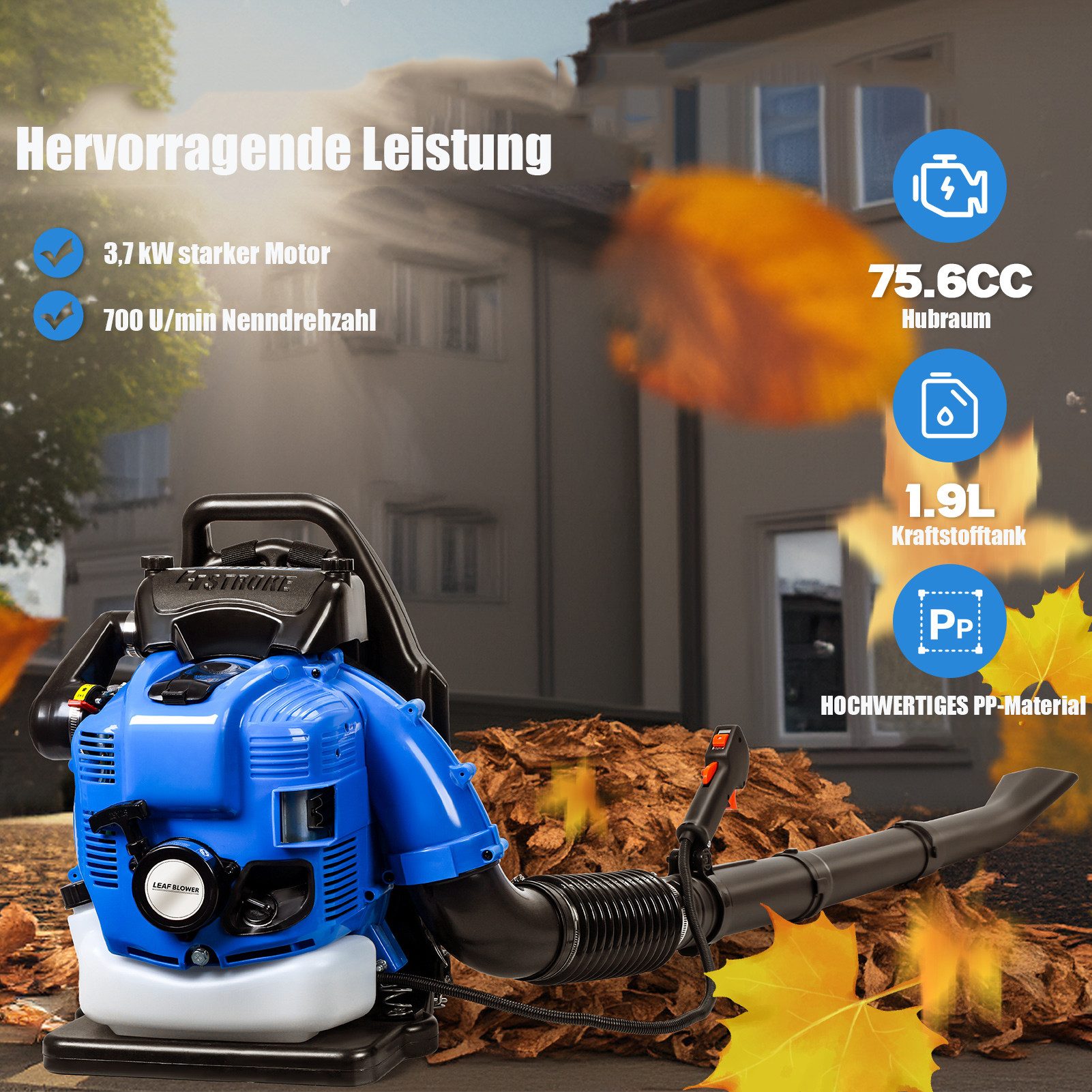 Rutaqian Benzin-Laubbläser 7000RPM 4-Takt Schnurlos Laubbläser Benzinmotor 75.6cc, 500 CFM, Rucksack Laubbläser,Gartengebläse für Rasenpflege und Hofreinigung
