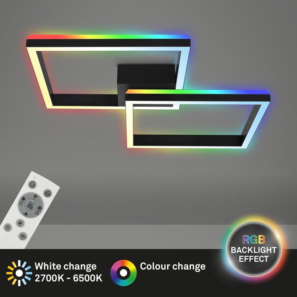 Briloner Leuchten LED Deckenleuchte 3753-015, Dimmfunktion, LED fest integriert, 2700K - Extra-Warmweiß, CCT, RGB, RGB Backlight, Fernbedienung, schwarz, 64 x 64 x 10 cm