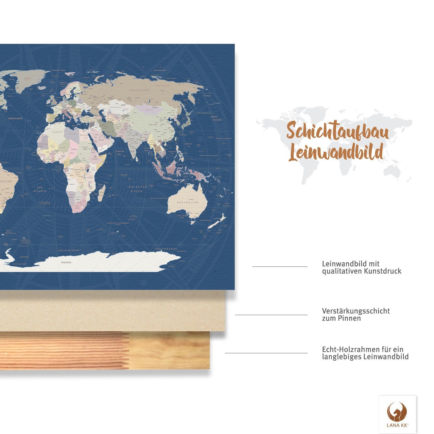 deutsche Reisezielen, Titan Leinwandbild Weltkarte LANA zum von Pinnwand Beschriftung KK markieren