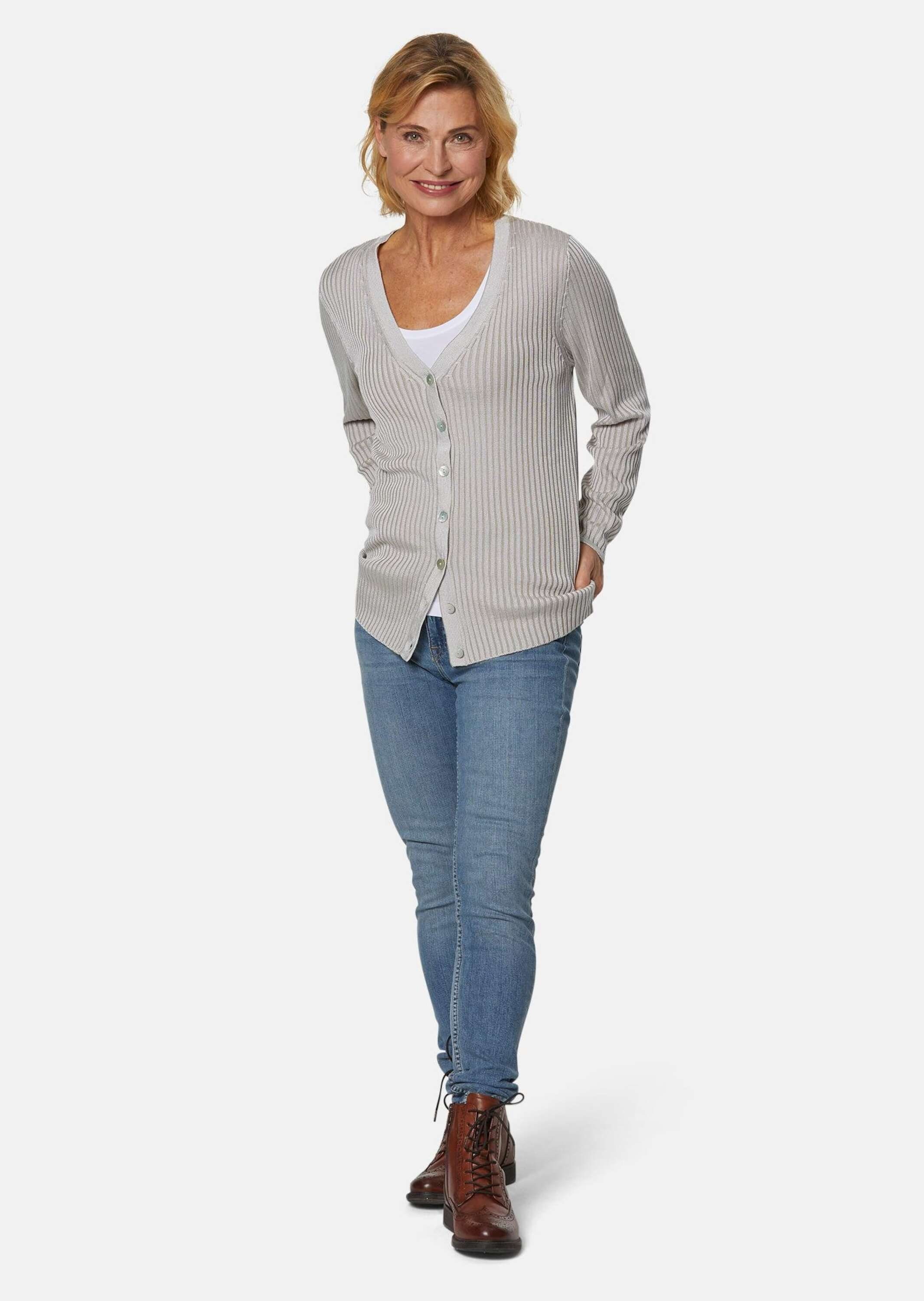GOLDNER Strickjacke Rippstruktur-Cardigan mit Glanzeffekt Uni-Optik und tiefer V-Ausschnitt als Blickfang