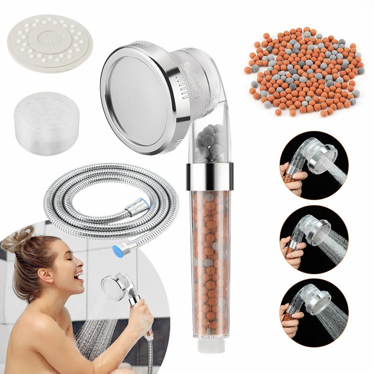 WILGOON Handbrause Duschkopf Wassersparend, mit 3 Strahlarten, mit 3-Lagen-Filtration, (Set), mit Öko Ionen Filter Mineralsteinen, Druckerhöhend, Schlauch 1,5M