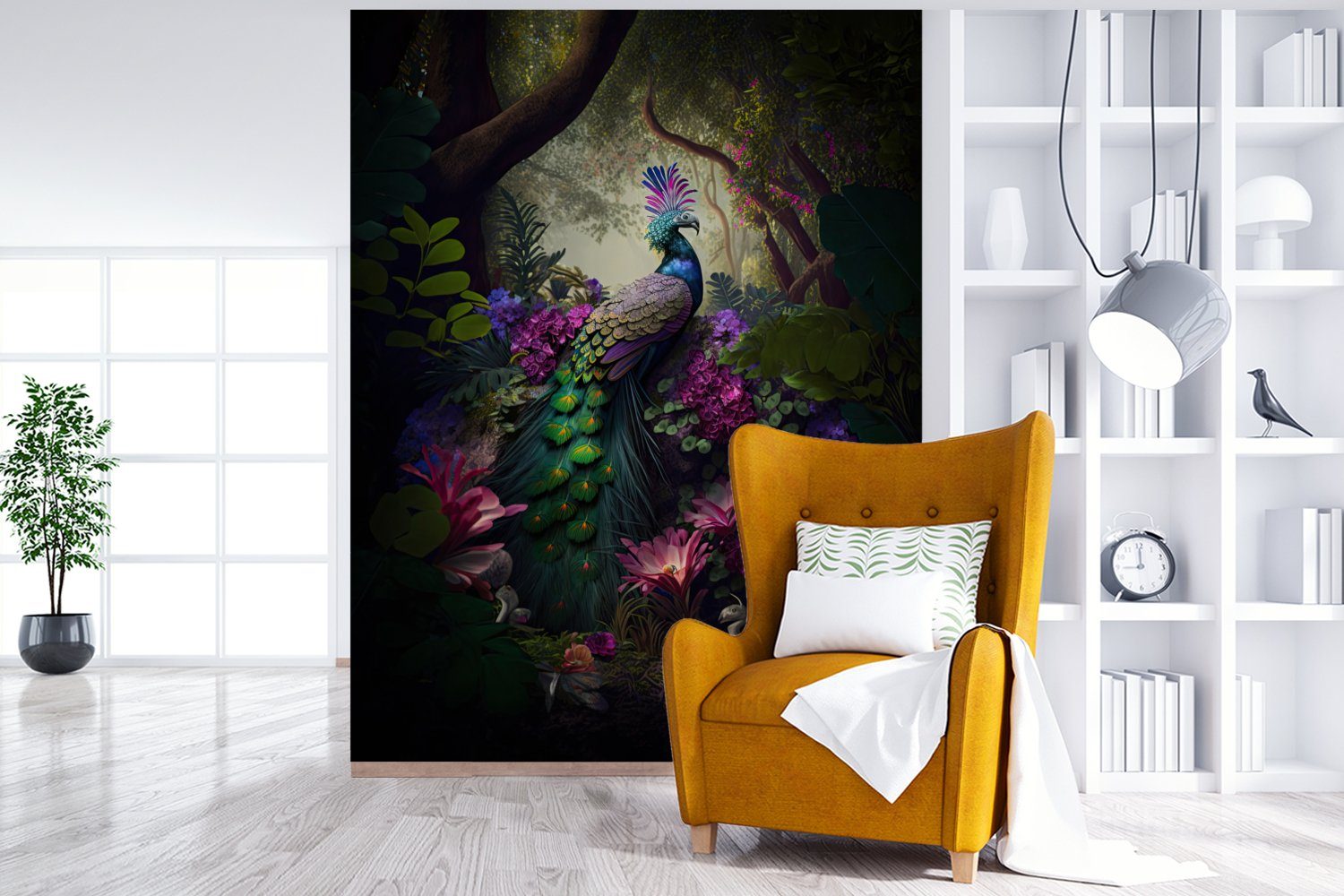 Matt, MuchoWow - Montagefertig - Pfau bedruckt, - Fototapete Tapete für (4 Dschungel Wandtapete Vinyl Blumen St), Wohnzimmer, Natur,