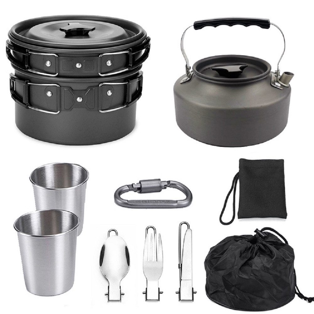 AURIVION Geschirr-Set Geschirr-Set Camping-Kochgeschirr-Besteck-Set (11-tlg), 4 Personen, Edelstahl, leichte Töpfe und Wasserkocher mit 2 Tassen