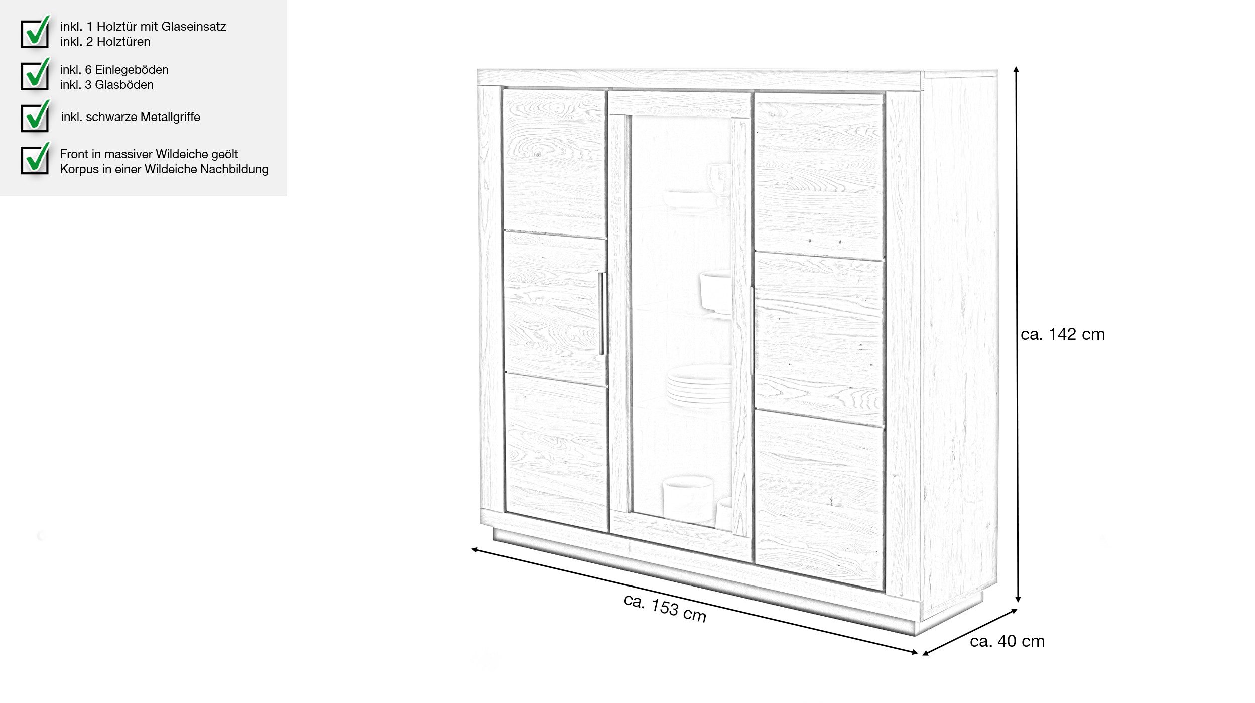 Massivart® Highboard GRENO 153 cm / Massivholz Wildeiche geölt / Metallgriffe, 1 Glastür / 2 Türen / 3 Glas- und 6 Einlegeböden