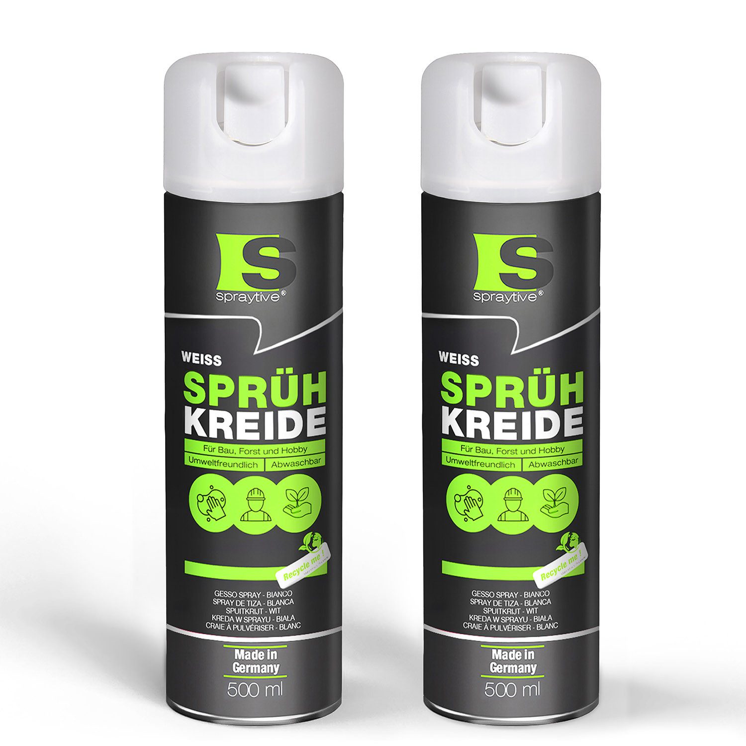 Spraytive Sprühfarbe 2x 500ml Sprühkreide weiß – abwaschbare leuchtende Kreidefarbe Outdoor, Made in Germany