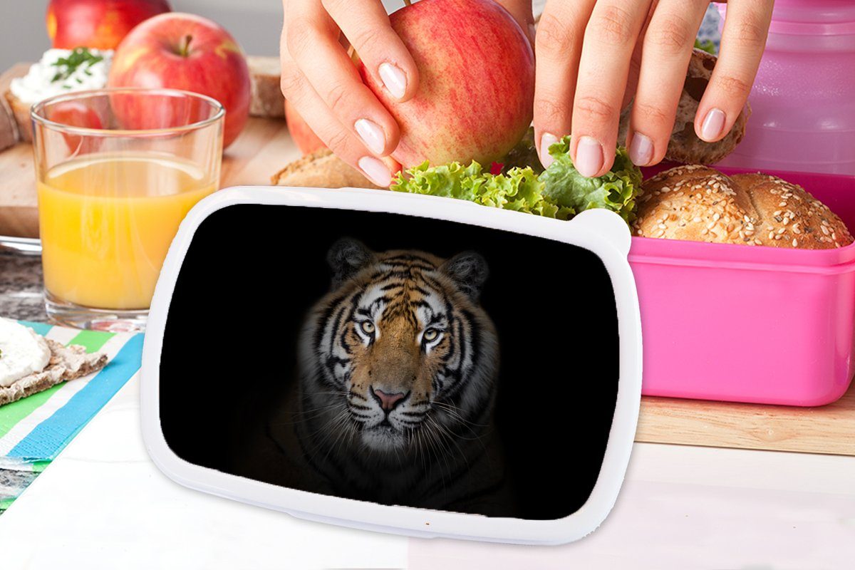 MuchoWow Lunchbox Tiger - Wildtiere rosa Brotdose Tiere, Brotbox Erwachsene, Kinder, - - - Kunststoff Kunststoff, Schwarz Snackbox, Mädchen, Porträt für (2-tlg)
