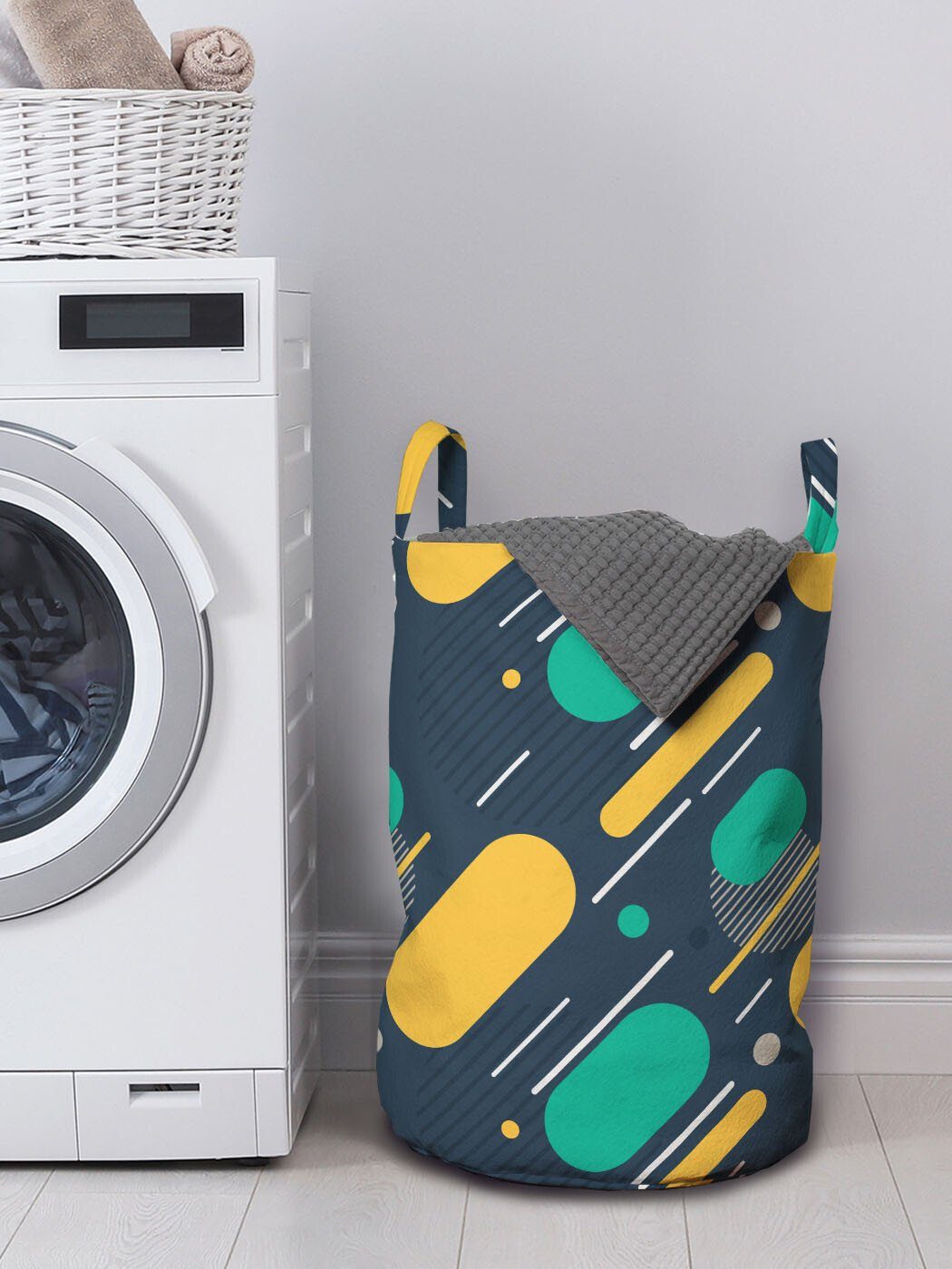 Linien Griffen für Abakuhaus mit Geometrisch Waschsalons, Kreise Wäschesäckchen Farben Wäschekorb Kordelzugverschluss
