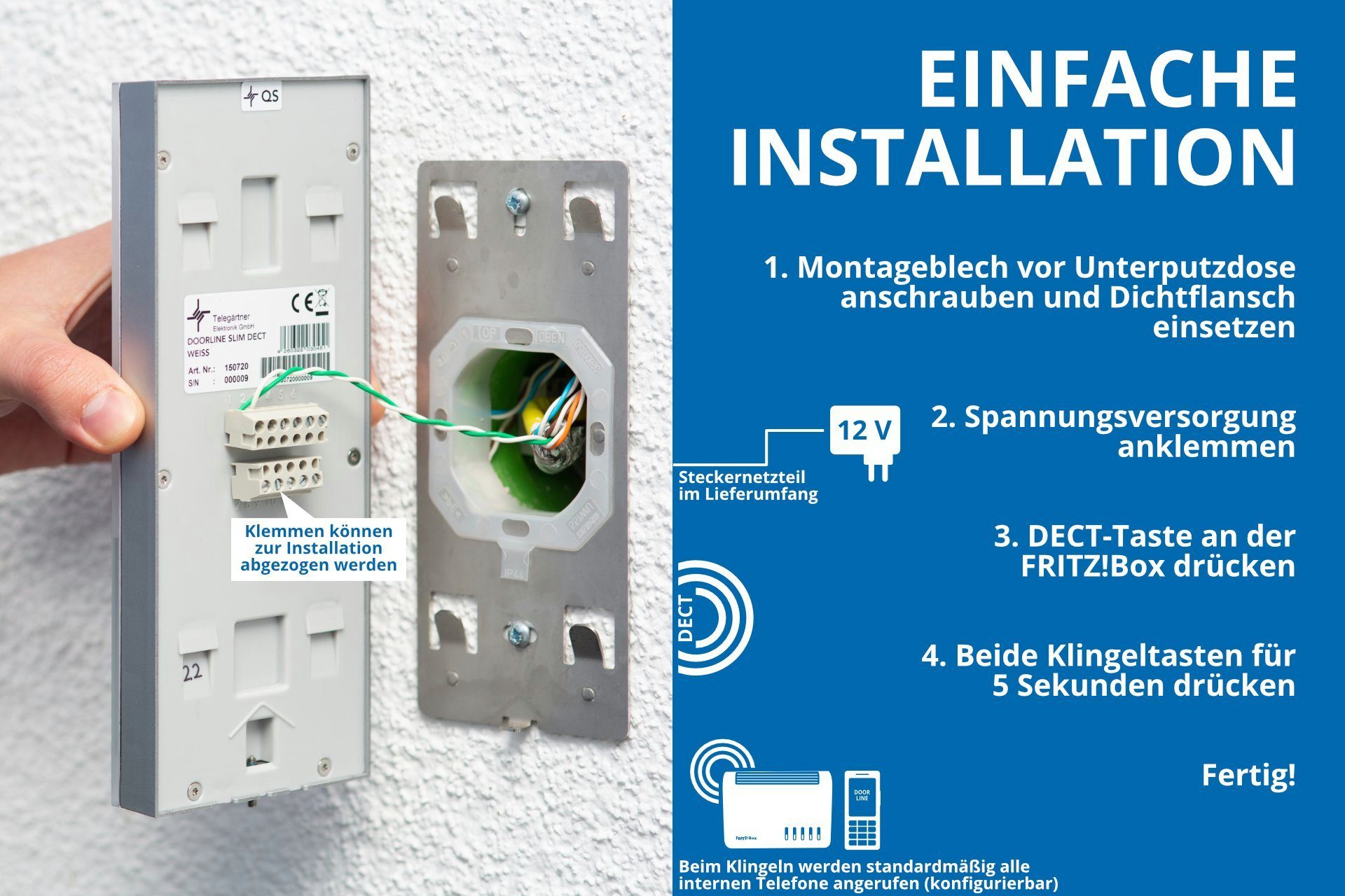 Weiß mit der Smart (per Knopfdrück FRITZ!Box gekoppelt) zur Tür-Sprechanlage AVM DECT Home DoorLine Türklingel Slim