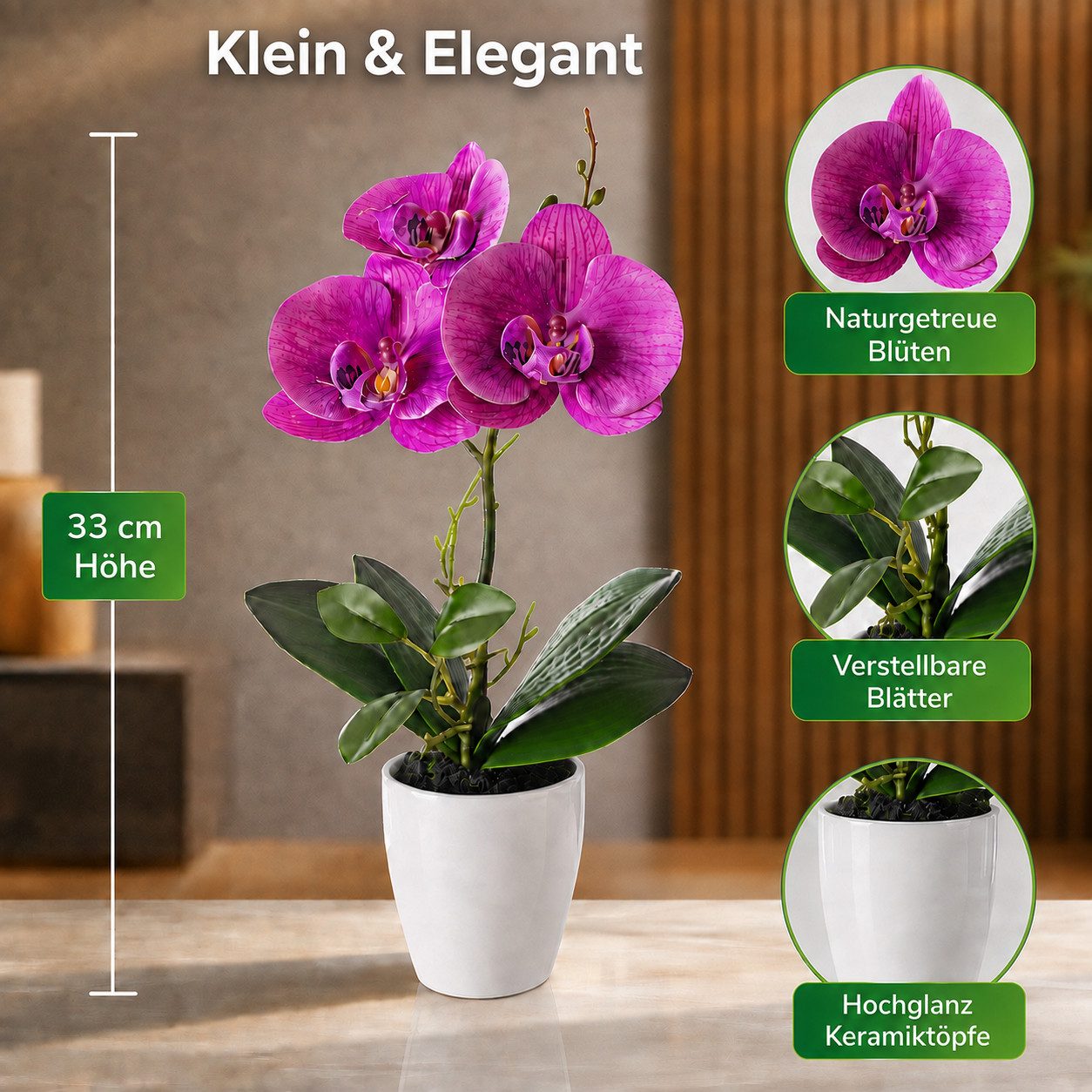 Kunstorchidee 3er Set künstliche Orchideen wie echt (35cm) in Hochglanz-Keramiktopf Orchidee, PASCH – Bild 3 von 5