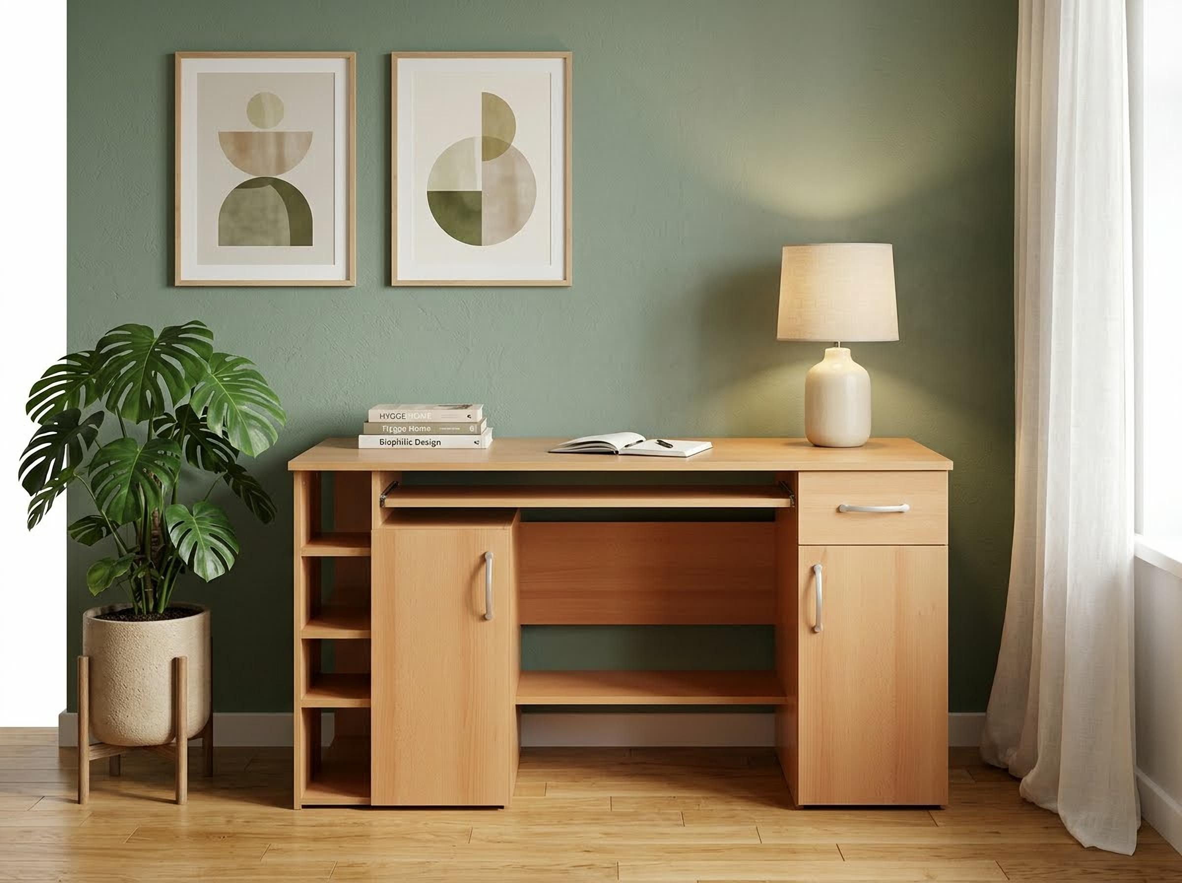 VOGL Möbelfabrik Schreibtisch Tim mit seitlich offenen Fächern & Tastaturauszug, Druckerablage, 1 Schublade, Breite 138 cm, Made in Germany