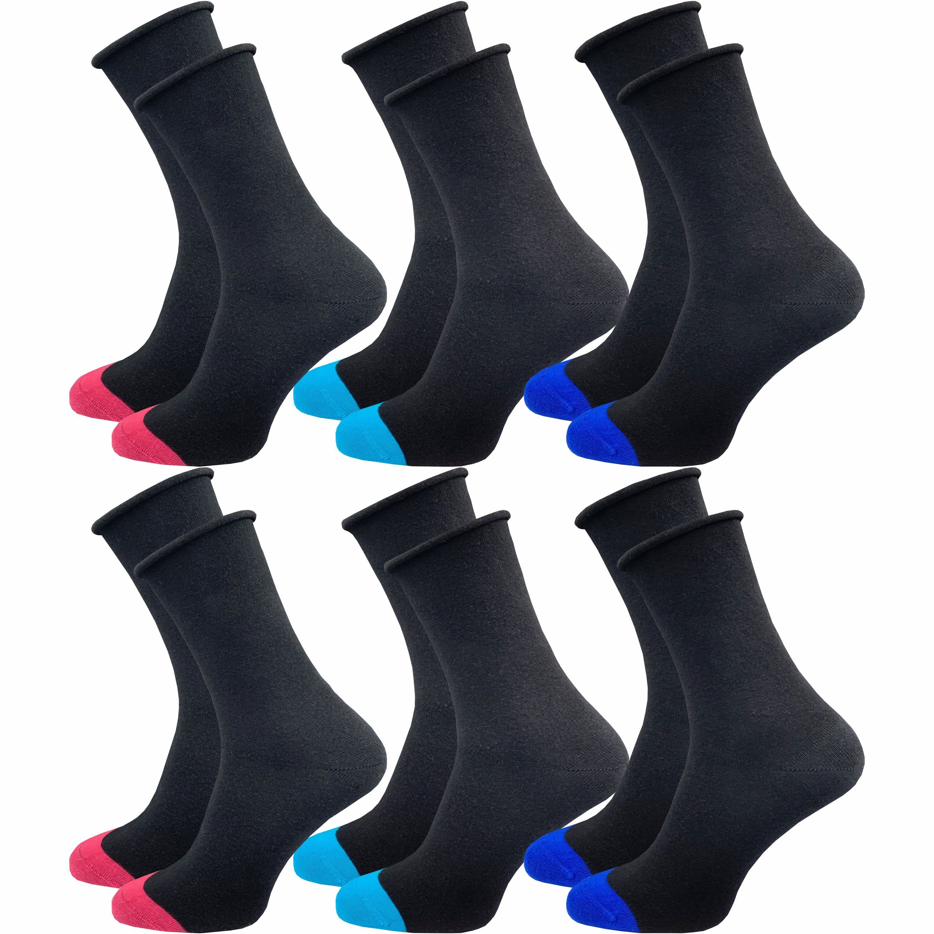 GAWILO Diabetikersocken für Damen mit Rollrand - Ohne drückende Naht & ohne Gummidruck (6 Paar) Venensocken aus atmungsaktiver Baumwolle - in schwarz & bunt
