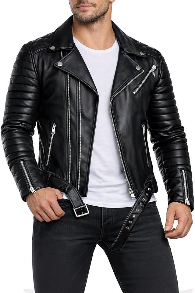Reichstadt Lederjacke Herren Slim Fit Kunstleder Jacke Silver Zipper RS001X PU im Bikerstyle mit Silver Zippern