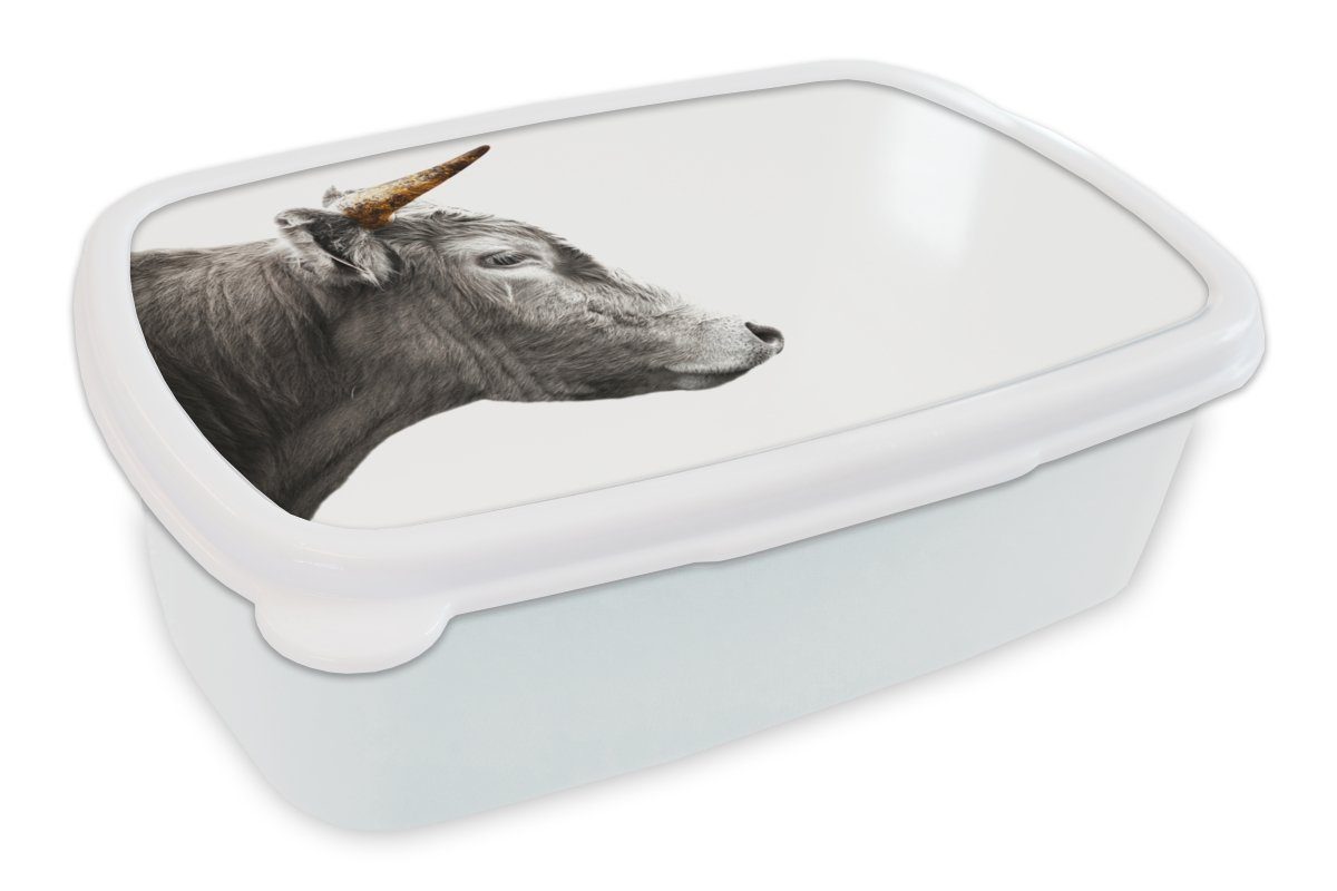 MuchoWow Lunchbox Schottischer Highlander - Tiere - Horn - Gold, Kunststoff, (2-tlg), Brotbox für Kinder und Erwachsene, Brotdose, für Jungs und Mädchen weiß
