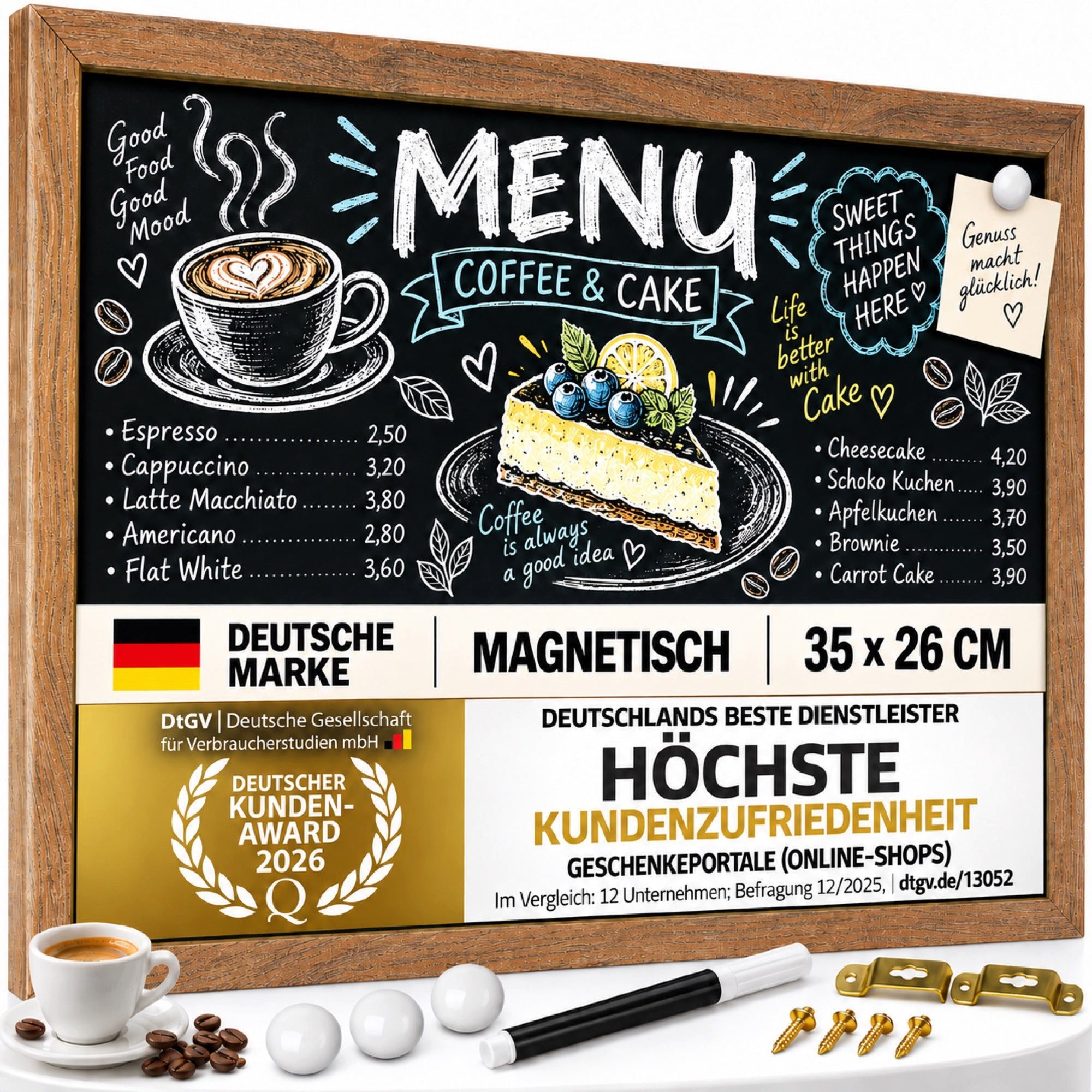 Goods+Gadgets Magnettafel Magnettafel Kreidetafel – Holzrahmen Magnet Board für Küche & Büro, (Magnet-Tafel zum Aufhängen, mit Holz-Rahmen), inkl. Kreidestift & Magnete