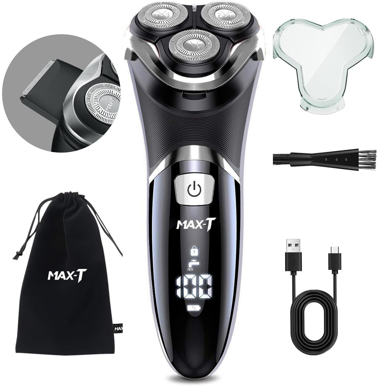 MAX-T Elektrorasierer Elektrischer Rasierer Wet & Dry, mit LED-Reisesicherung, mit ausklappbarem Präzisionstrimmer