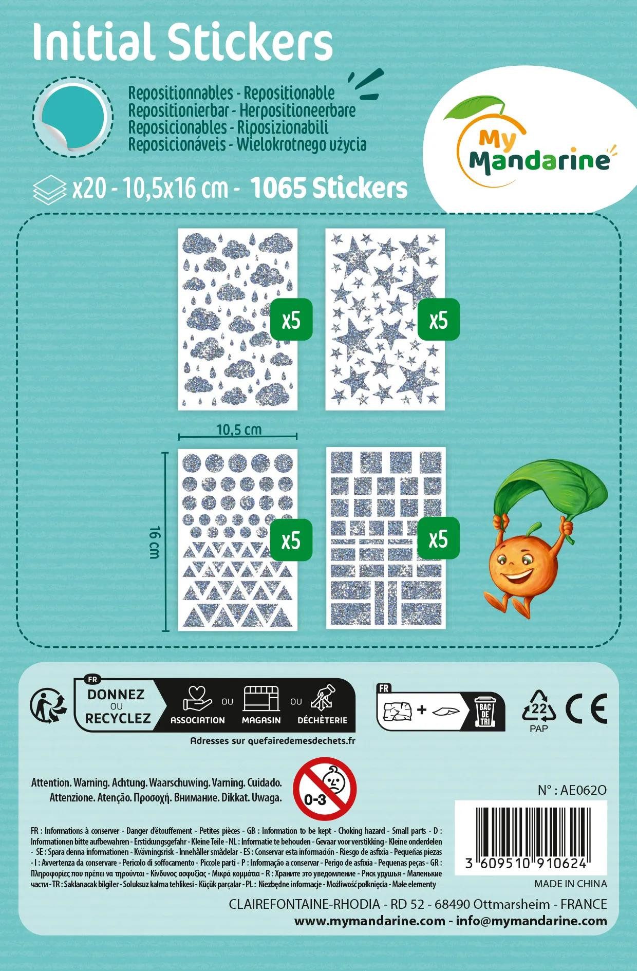 maildor Sticker Initial, 20 Stickerbogen 10,5x16cm, Holografisch - Silber AE062O, My Mandarine