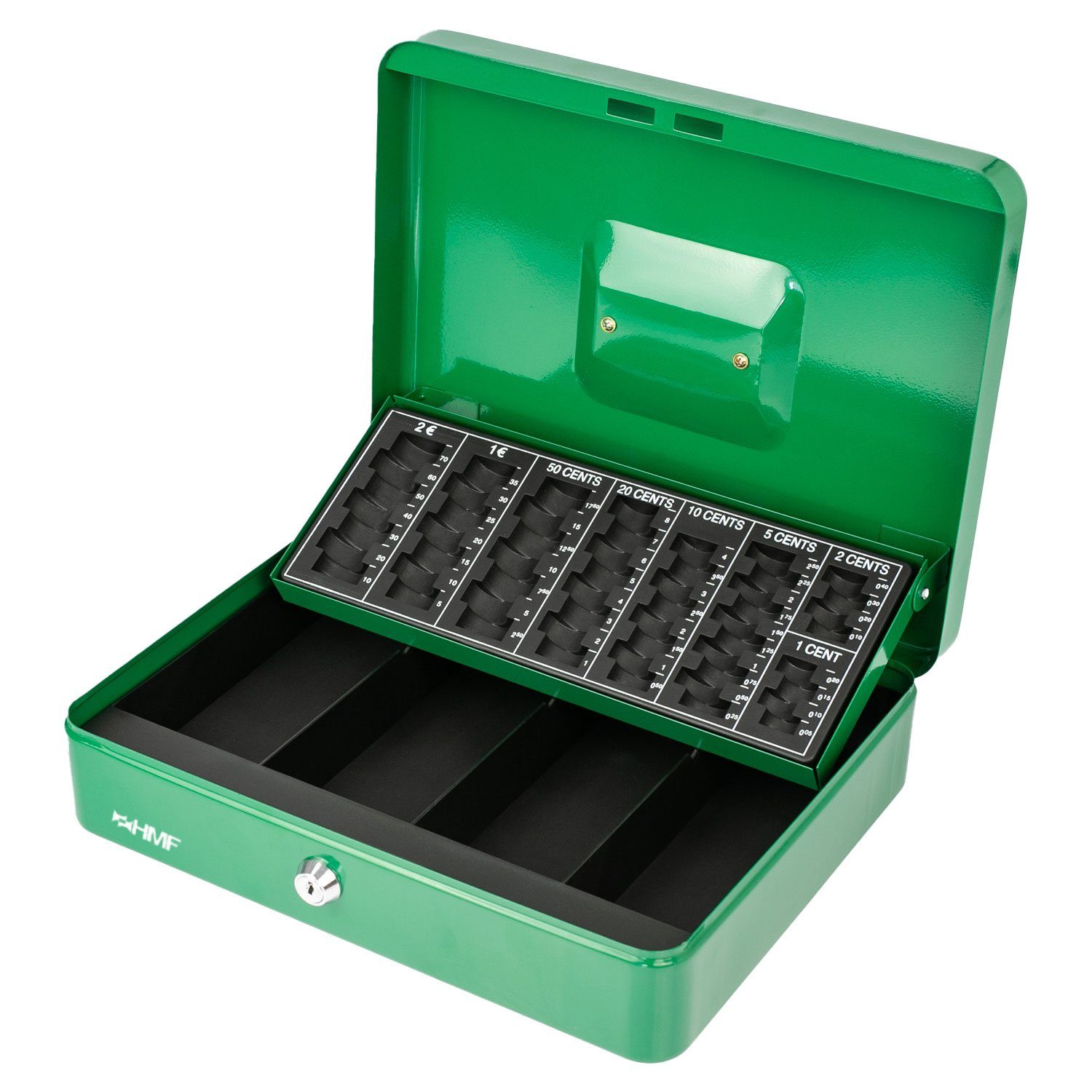 HMF Geldkassette Abschließbare Bargeldkasse mit Münzzählbrett und Scheinfach, robuste Geldbox mit Schlüssel, 30,5x24x8,5cm grün