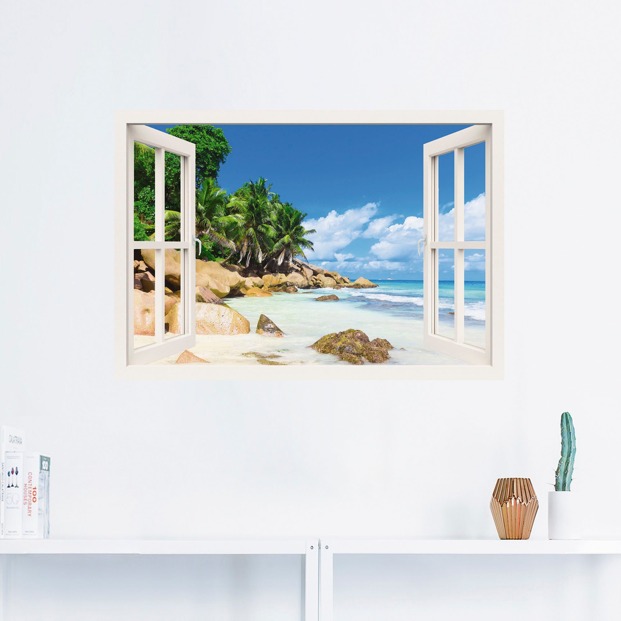 Leinwandbild, Wandaufkleber Größen Alubild, durchs Wandbild mit als St), in versch. oder Palmen Artland Karibikbilder Fenster, Küste (1 Poster