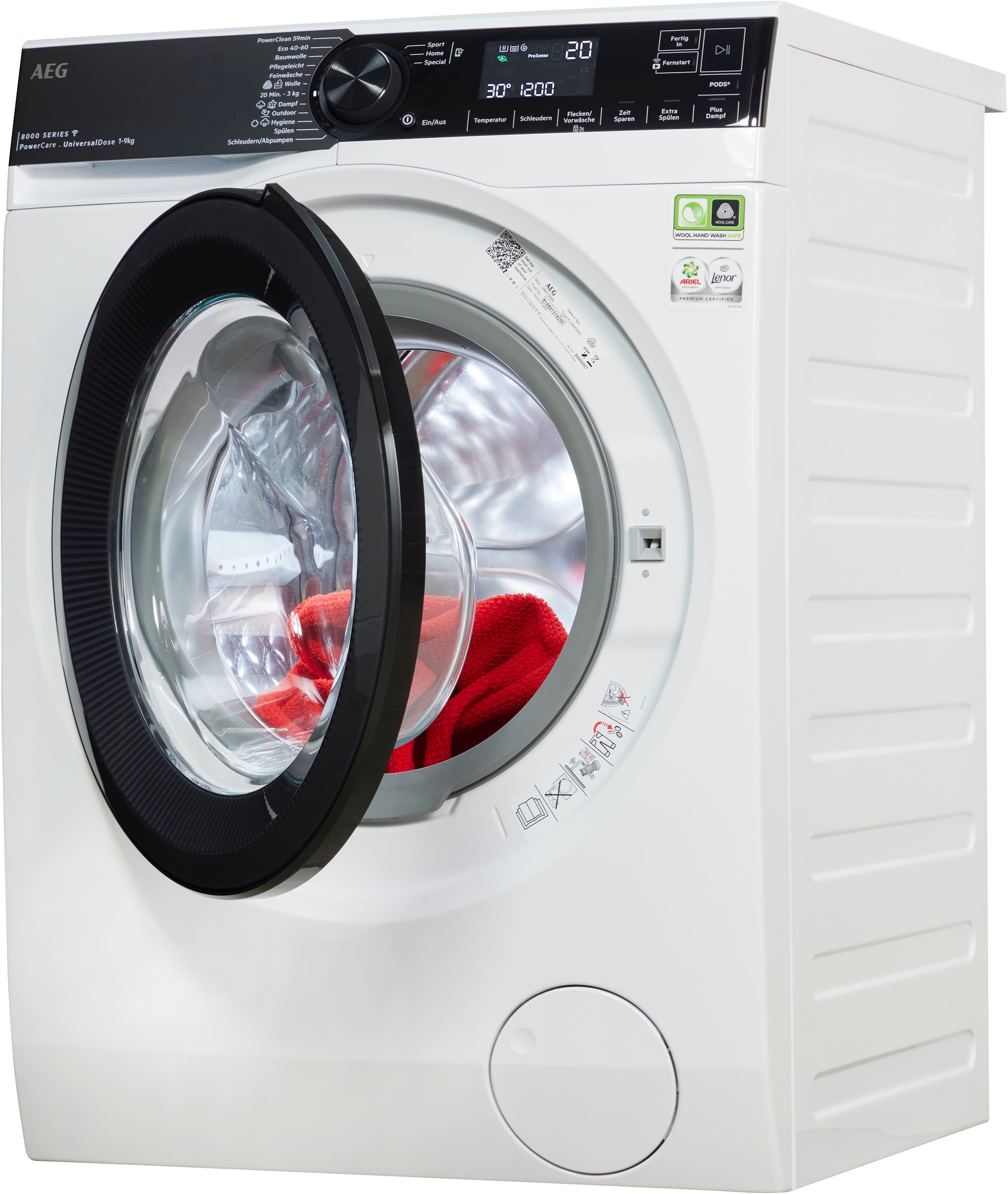AEG Waschmaschine 8000 PowerCare LR8E75490, PowerClean bei - U/min, Min. °C & in 59 Fleckenentfernung 9 1400 nur kg, Wifi 30