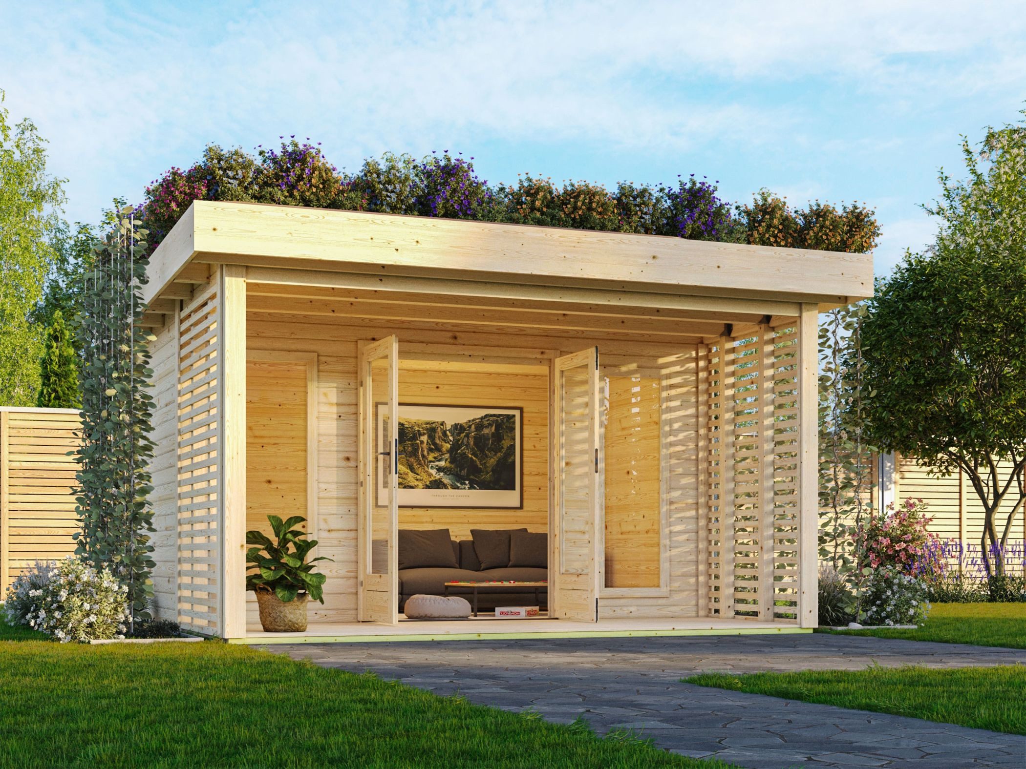 Karibu Gartenhaus Gartenhaus mit Gründach – 15,72 m² nordischer Fichte 38 mm Wandstärke, (1 Stück), inklusive selbstklebender Dachfolie