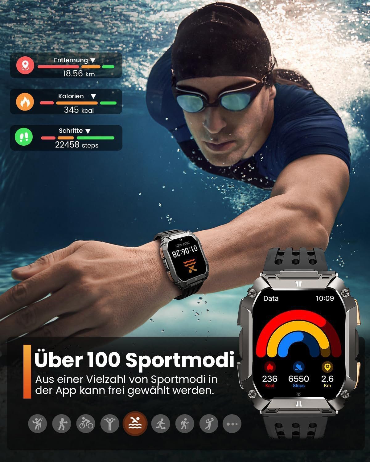 SWGOTA 1500mAh Smartwatch Herren Militär,2,01'' AMOLED-Display Fitnesstracker Smartwatch (2,01" Zoll), Smartwatch Outdoor mit Herzfrequenz/SpO2/Schlafmonitor/Atemtraining