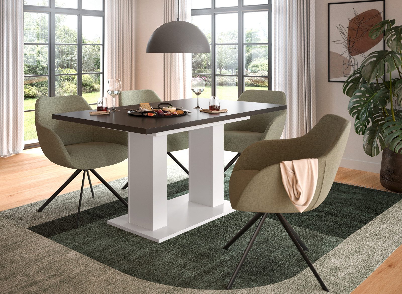 Inn.Furn Säulen-Esstisch Home-X (Küchentisch in Weiß und Grau, ausziehbar 150 - 190 cm), mit stabiler Doppel-Säule