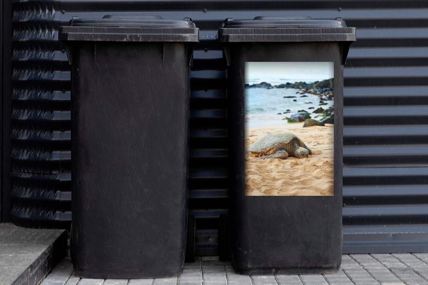 MuchoWow Wandsticker Schildkröte liegt Container, Mülleimer-aufkleber, Sticker, (1 Mülltonne, St), Strand Abfalbehälter am