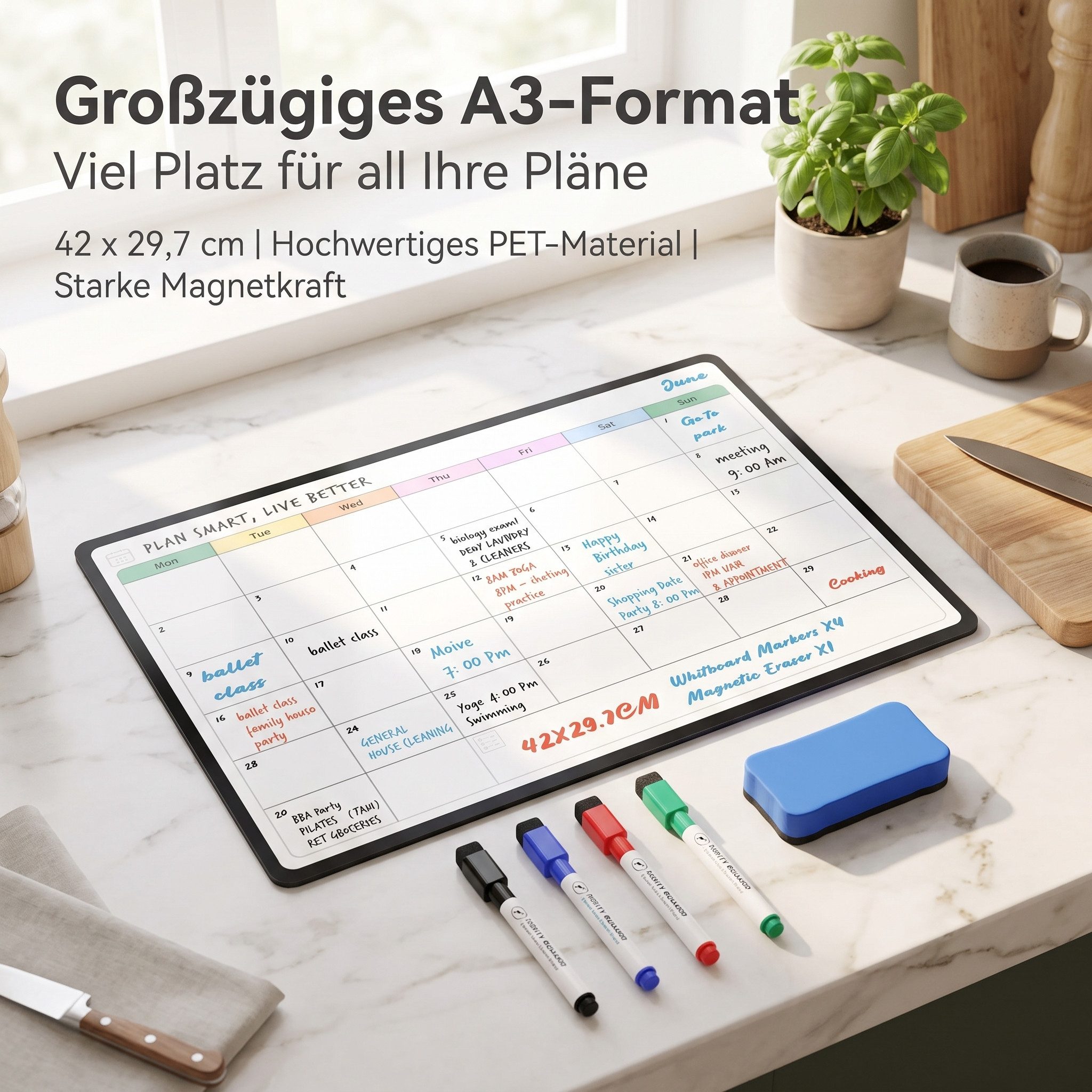 AIMAX Magnettafel Magnettafel Whiteboard A3 Monatsplaner Kühlschrank abwischbar, mit Stiften & Radierer