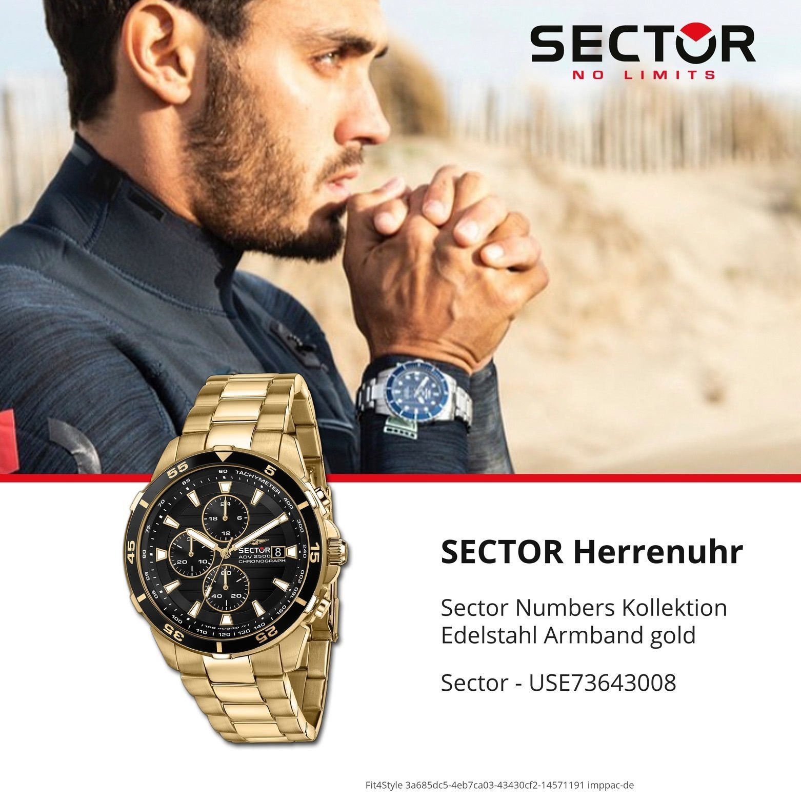 Sector Herren rund, Armbanduhr Fashion Chrono, Edelstahlarmband Herren Armbanduhr (45mm), Sector groß Chronograph gold,