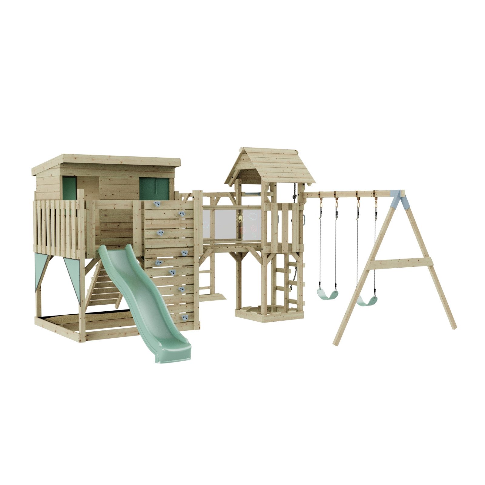 OutdoorToys Spielturm Johanna, aus Holz in Mintgrün mit Kinderschaukel & Rutsche