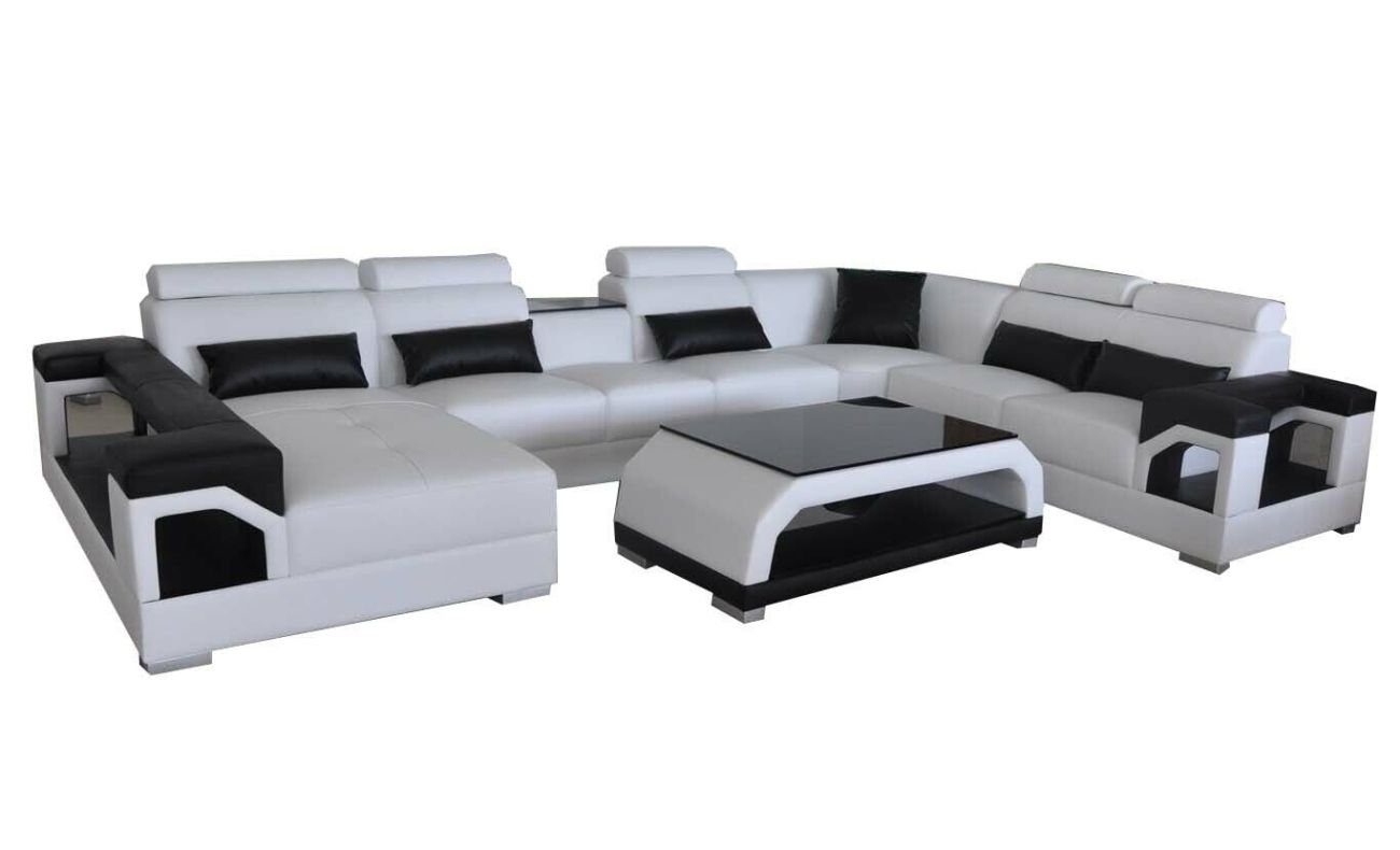 JVmoebel Ecksofa Leder Eck Couchen Sofa Moderne Sitz Couch Wohnlandschaft+Tisch+USB, 2 Teile Weiß/Schwarz