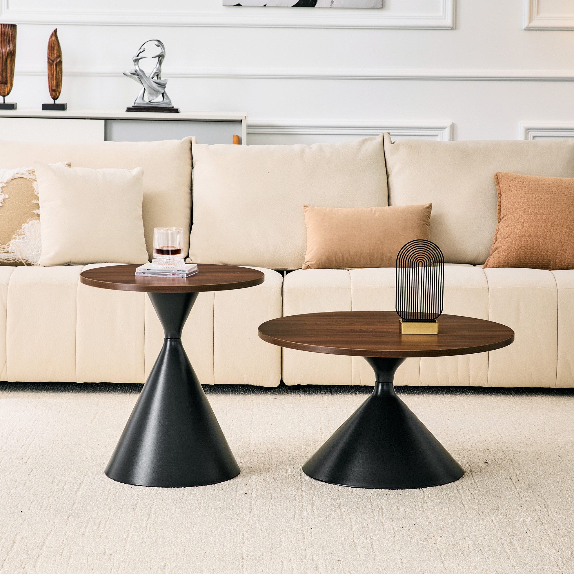 MODFU Couchtisch Stapelbares Beistelltisch Set aus zwei Tischen, Sofatisch (mit stabilem Metallgestell für verschiedene Räume, 2-St., Sanduhr-Design mit Melamin Oberfläche in Holzoptik und Metallfuß), für Wohnzimmer und Arbeitsbereich