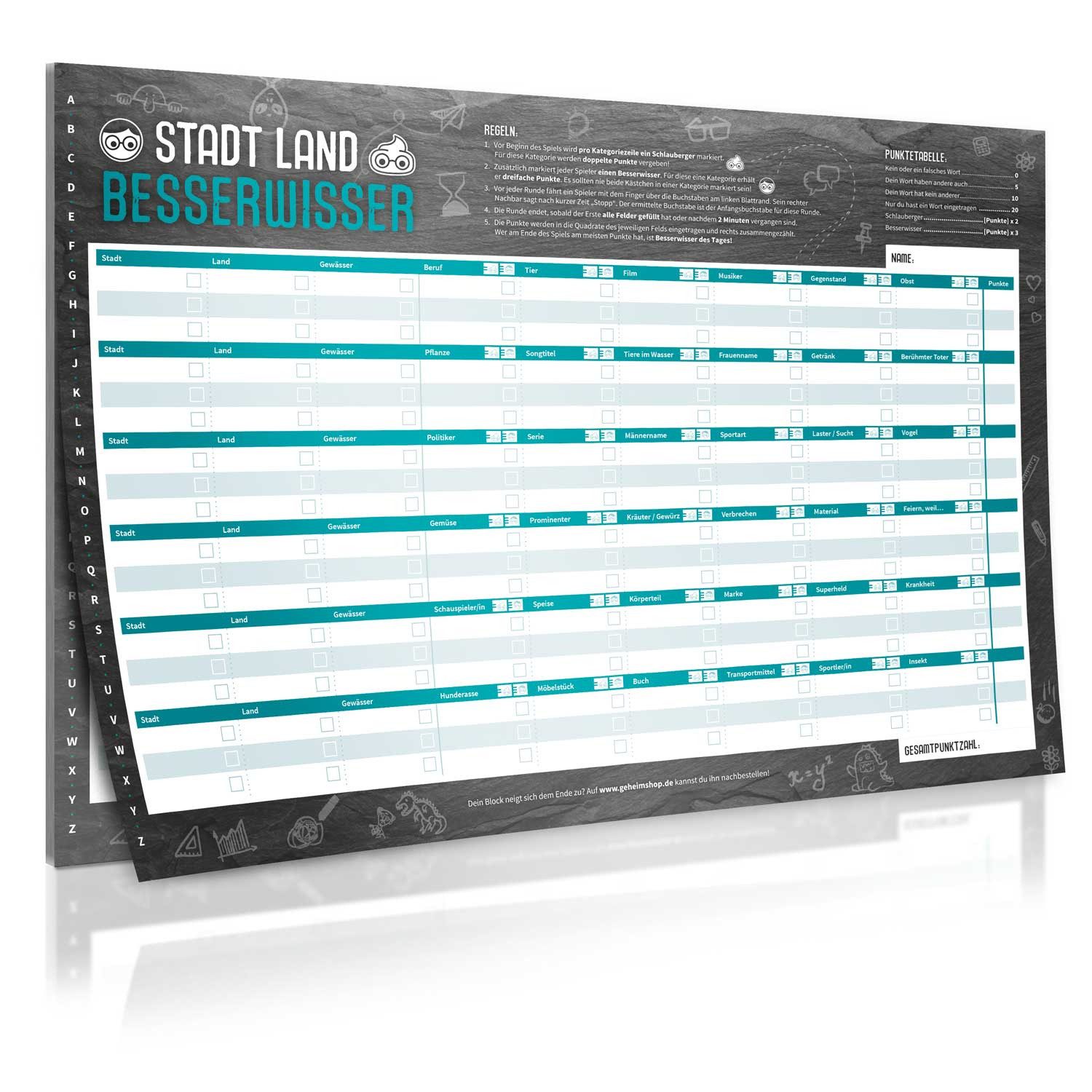 Goods+Gadgets Spiel Stadt Land Besserwisser – Quiz & Partyspiel für Erwachsene & Freunde, Stadt, Land, Besserwisser Block, Spiele-Klassiker Neuauflage
