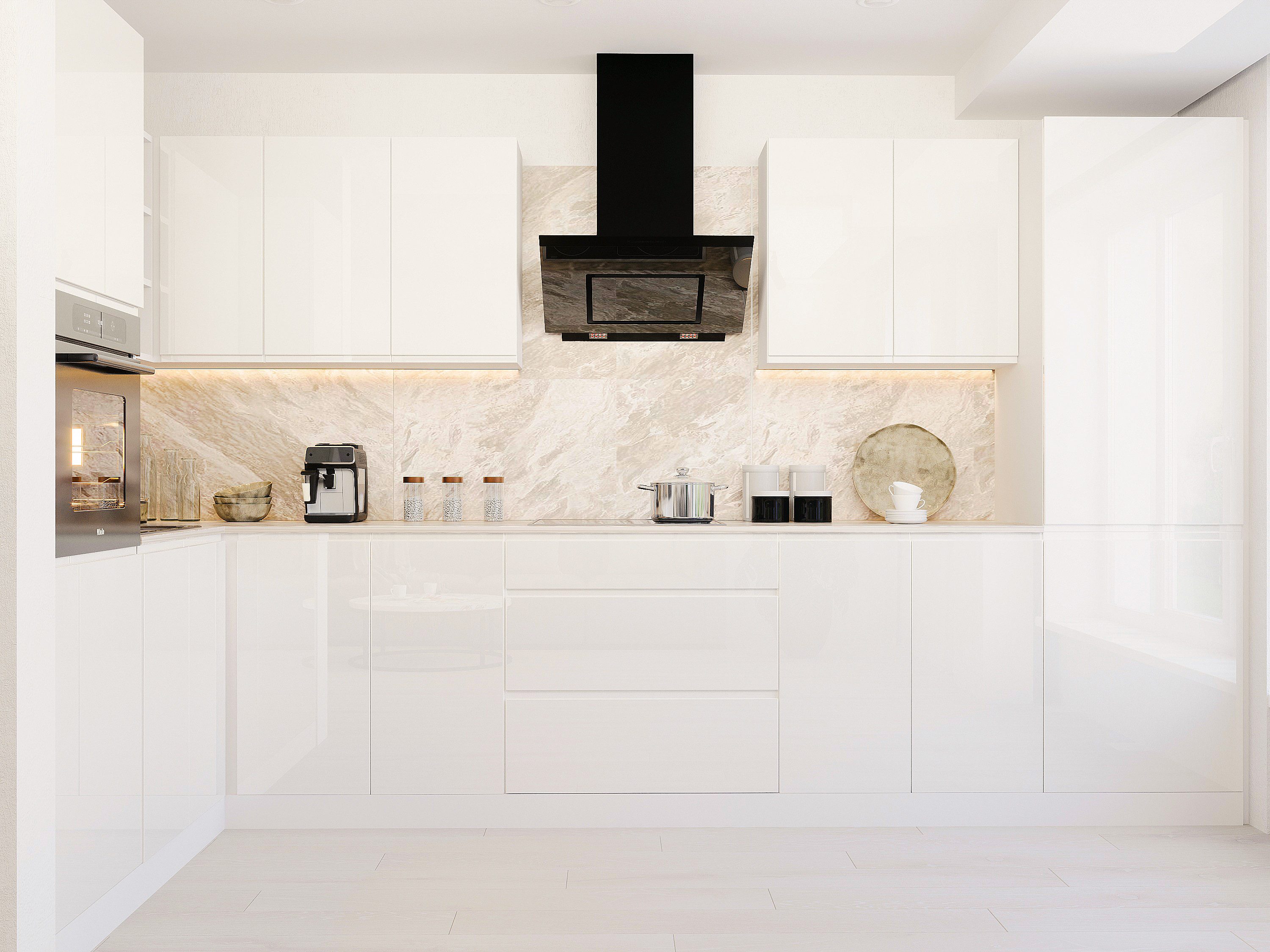 ROYAL24_MARKT Winkelküche – KU-S10 – Aspen – Perfekte Raumharmonie in Weiß & Grau Hochglanz, (Komplett Set), Stilvoll – Schick – Exzellent