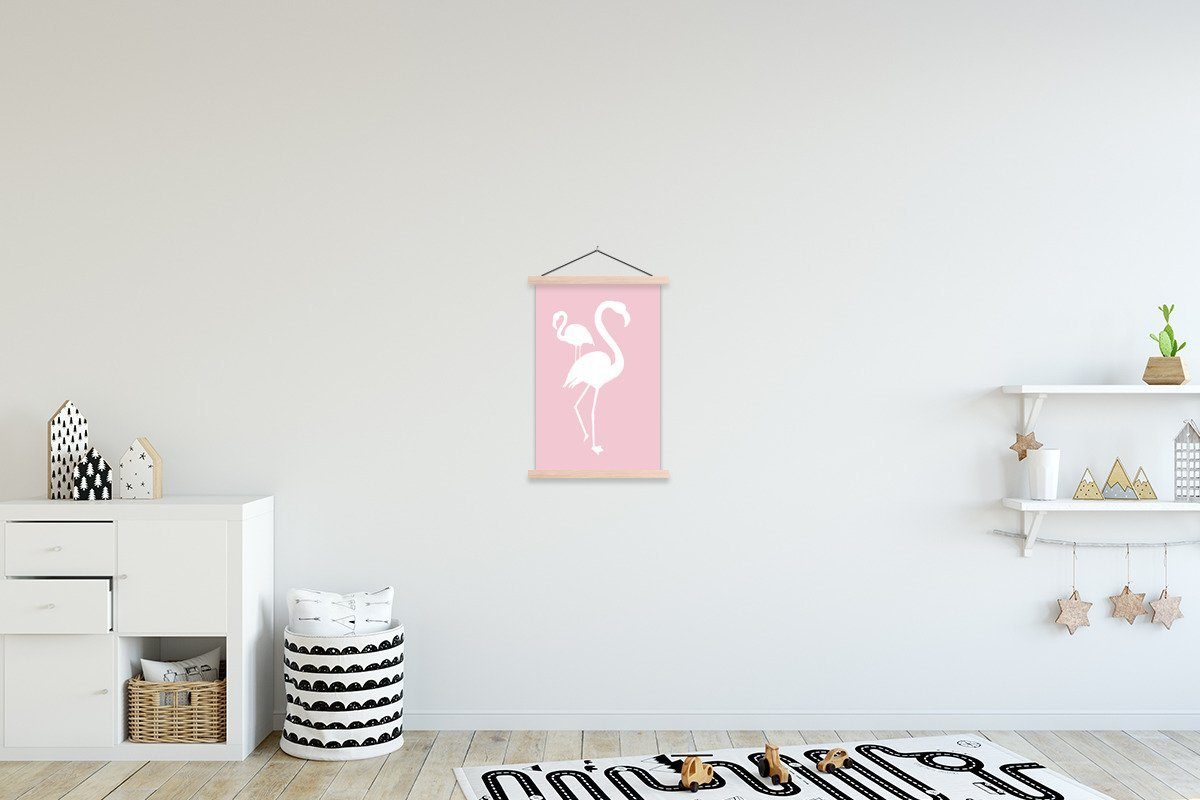 MuchoWow Poster Rosa - Weiß - Flamingo, (1 St), Posterleiste, Textilposter für Wohnzimmer, Bilderleiste, Magnetisch