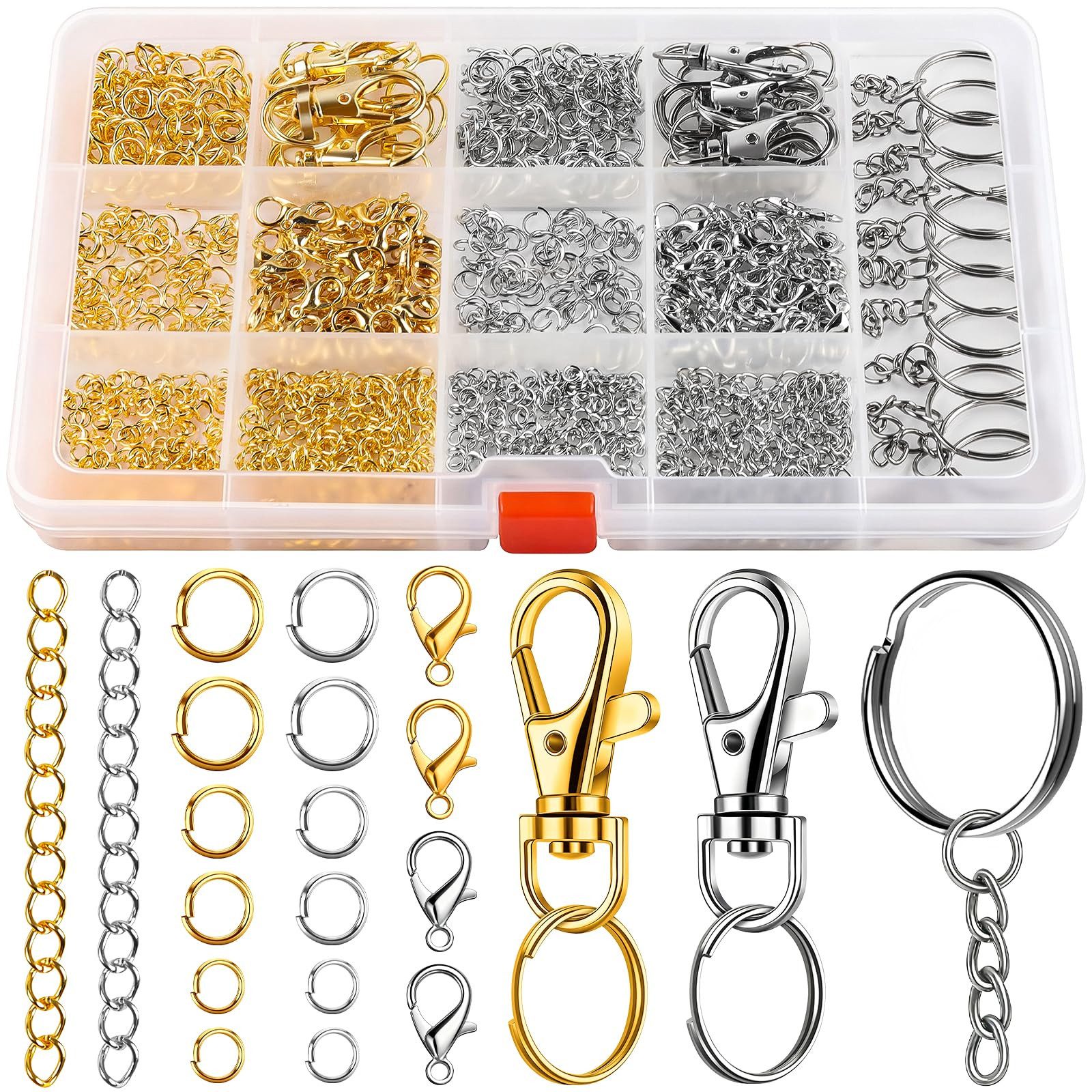 FOUORTUNATE-BEE Multitool 968 tlg Schmuckzubehör Set mit Biegeringen Karabinern & Ketten, Biegeringe Set 968 tlg Schlüsselringe Karabiner Ketten DIY Zubehör