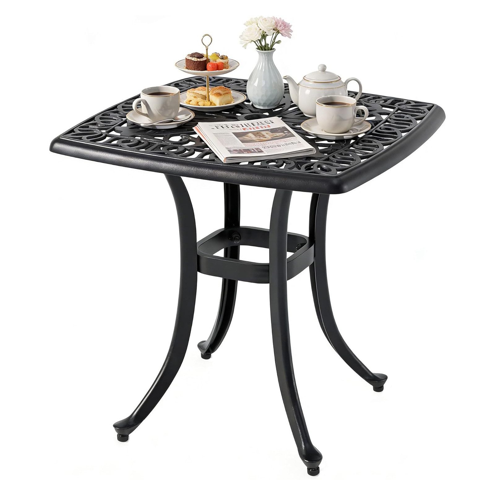 KOMFOTTEU Gartentisch Aluminium-Druckgusstisch, mit Schirmloch und dekorativer Blumenmuster Tischplatte