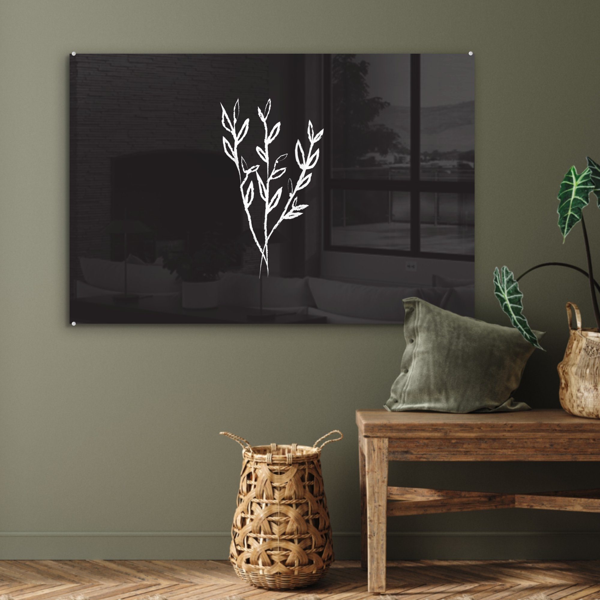 Schlafzimmer Pflanzen Wohnzimmer - St), Acrylglasbilder & MuchoWow Strichzeichnung, - (1 Blumenstrauß Acrylglasbild