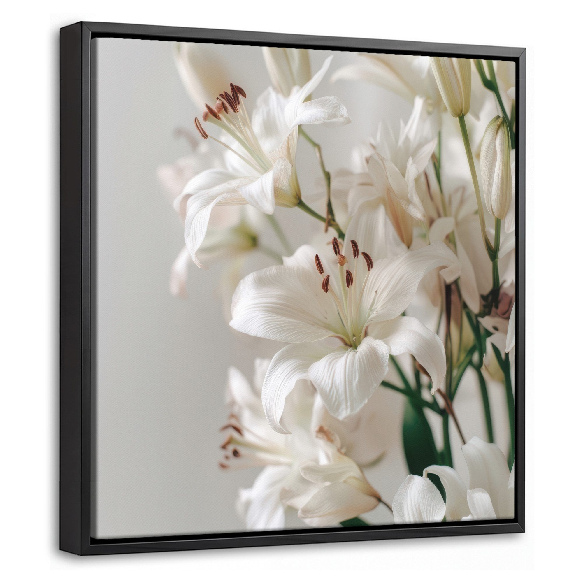 OneMillionCanvasses® Leinwandbild mit Rahmen - Lilien - Boekte - Weiß - Staubgefäße, Fotodruck (1 St), Leinwand Bilder Klein, Wand Dekoration Aesthetic 20x20cm
