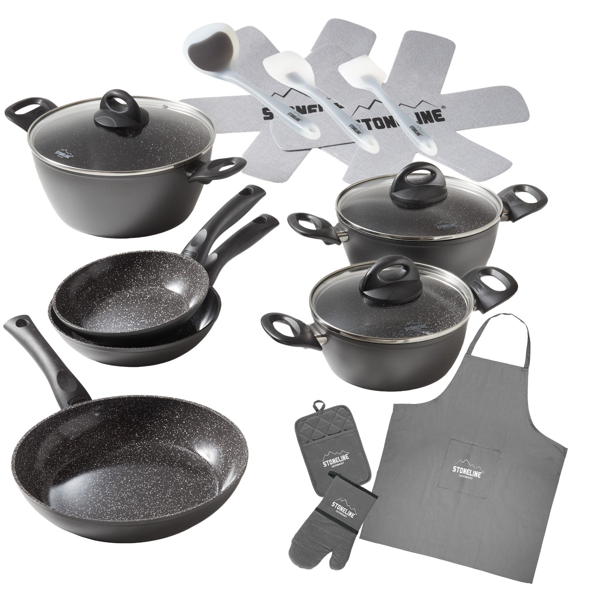 STONELINE Topf-Set STONELINE® 17-teiliges Koch-Set, mit Glasdeckeln, Keramik, Aluminium (Set, 17-tlg), mit echten Steinpartikeln, induktionsgeeignet
