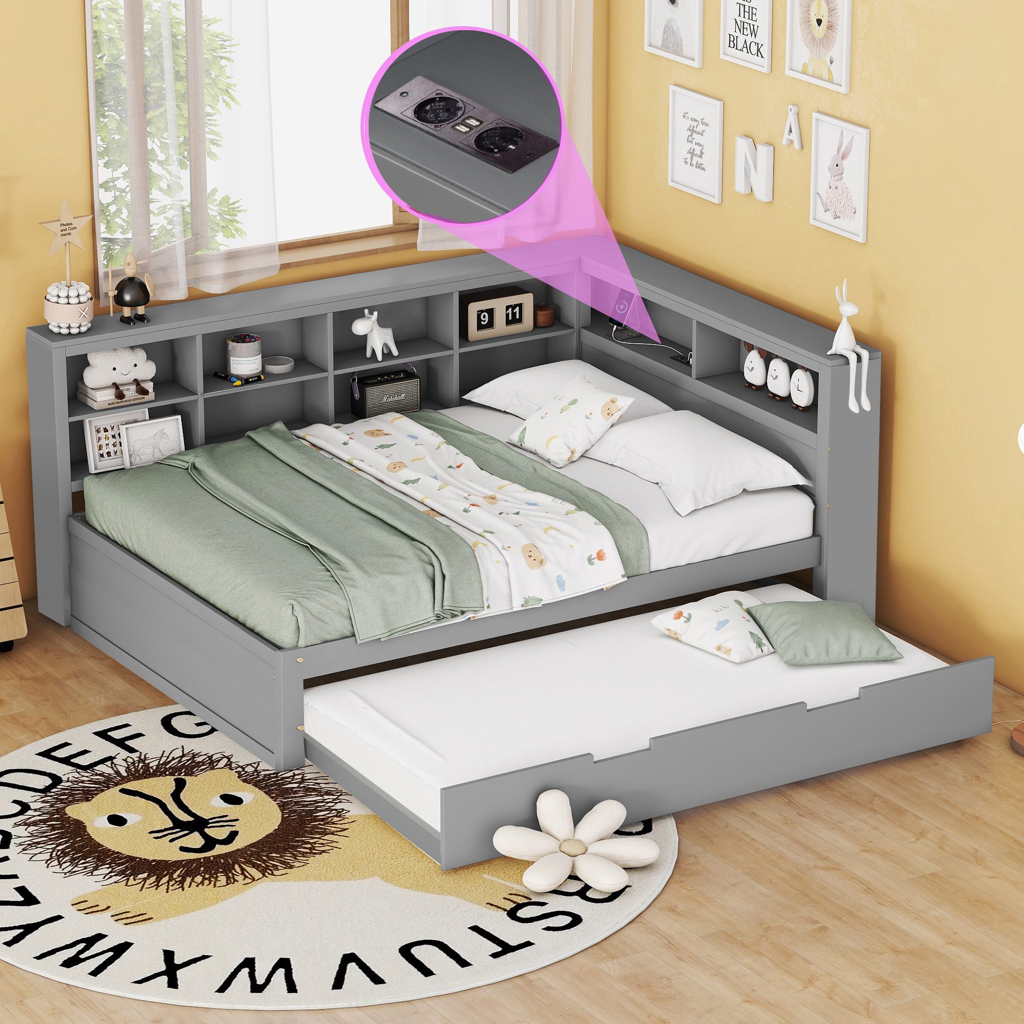 Merax Daybett 140x200 mit USB und Ausziehbett 90x190cm (1 tlg), Massivholz günstig online kaufen