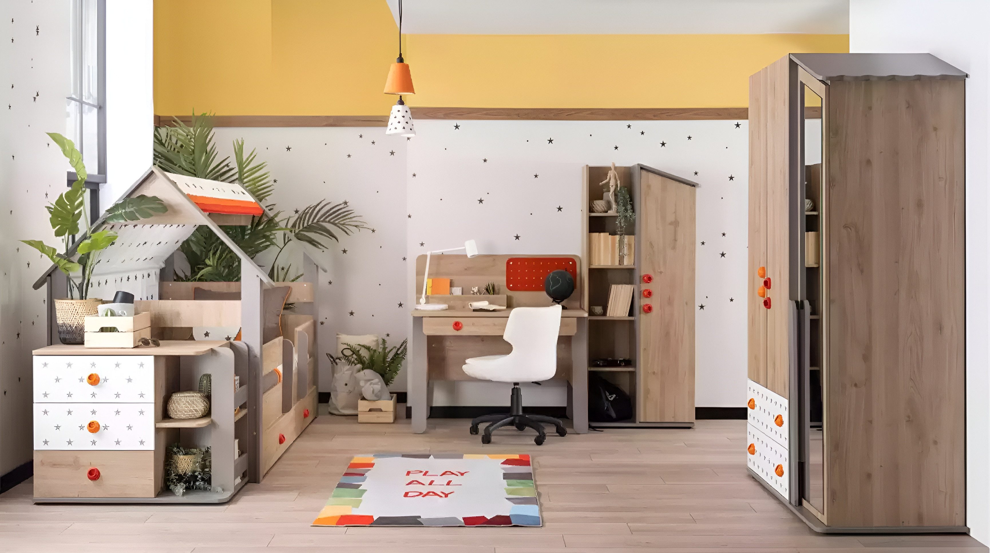 Babyzimmer-Komplettset Bettgestell aus Holz in Braun mit Stauraum für Kinderzimmer