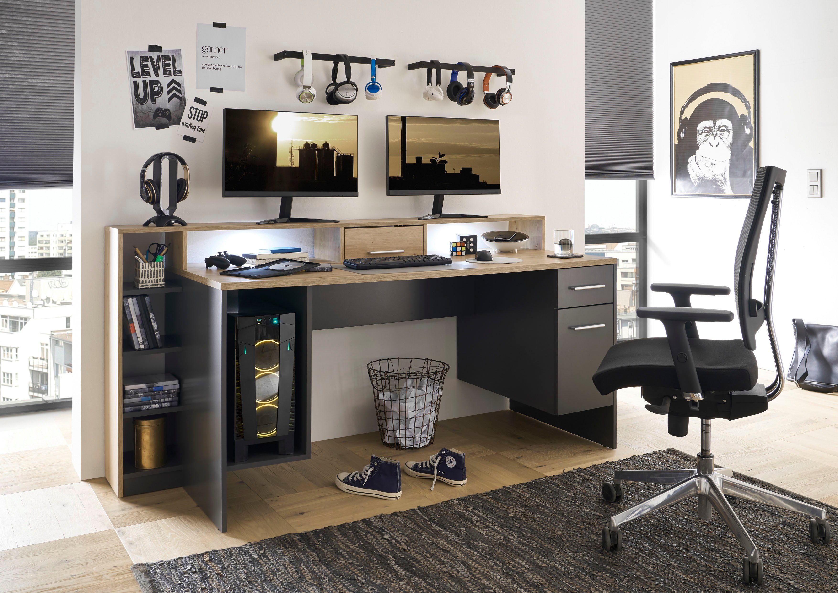 BEGA OFFICE Gamingtisch inkl. Beleuchtung, 4, Highscore Desktopfach LED Grau Computertisch mit