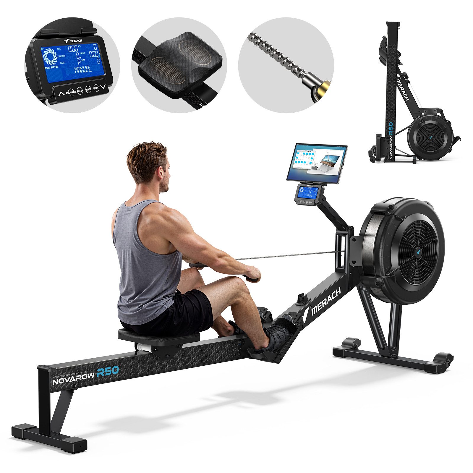 MERACH Rudergerät mit Profi-Luftwiderstand & hinten beleuchtetem LCD-Display (Profi-Heimtrainer für zu Hause mit 10 Stufen & App-Anbindung, 1-tlg., Inkl. LCD-Trainingscomputer, Tablet-Halterung & Montageset), Klappbar, Intervallmodus, 20 lokale Datenspeicher, bis 160 kg