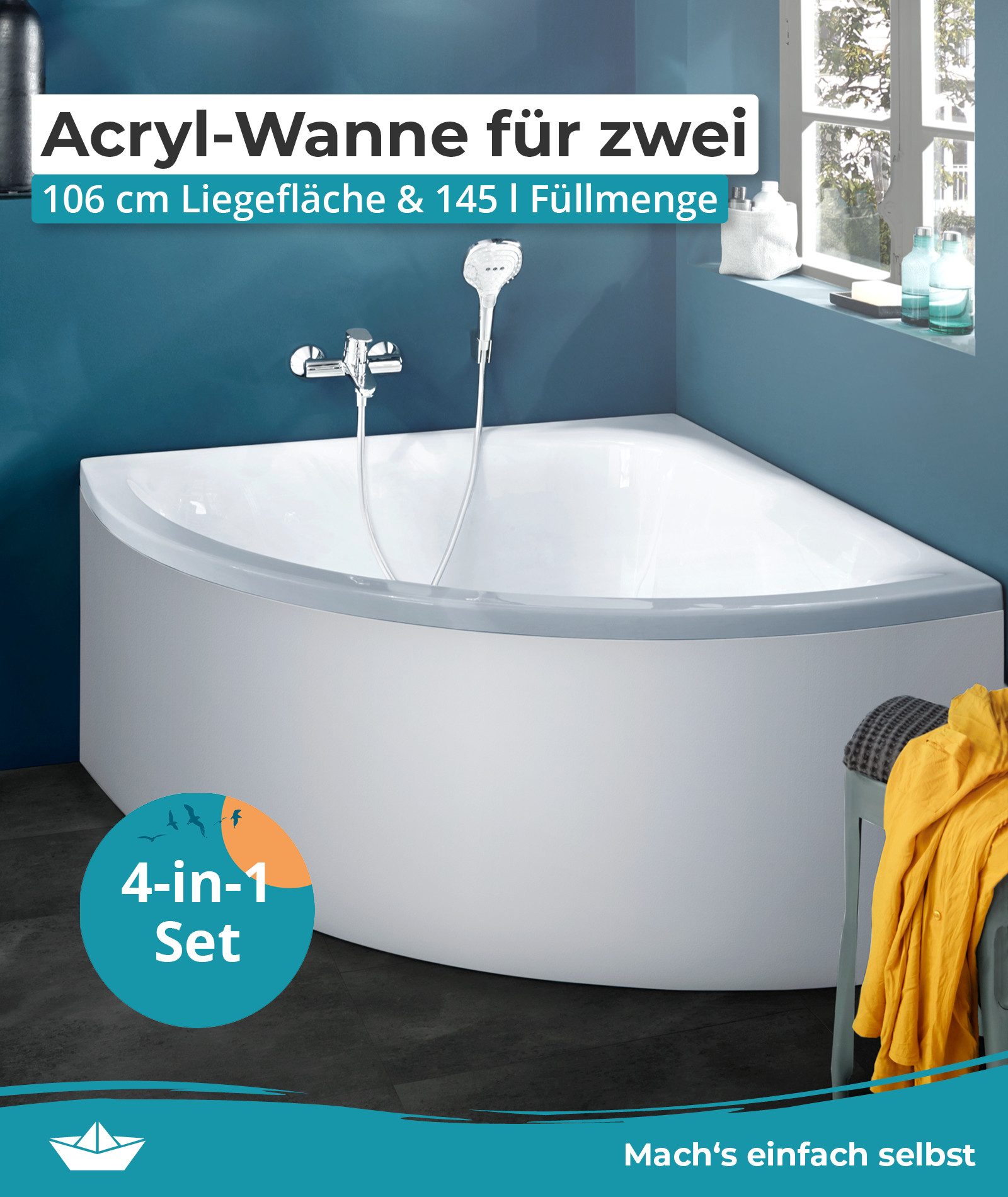 Calmwaters Eckwanne Modern Small 2, (4-tlg), Weiß, 120 x 120 cm, Acryl, Füße, Schürze und Ablaufgarnitur, 99000047