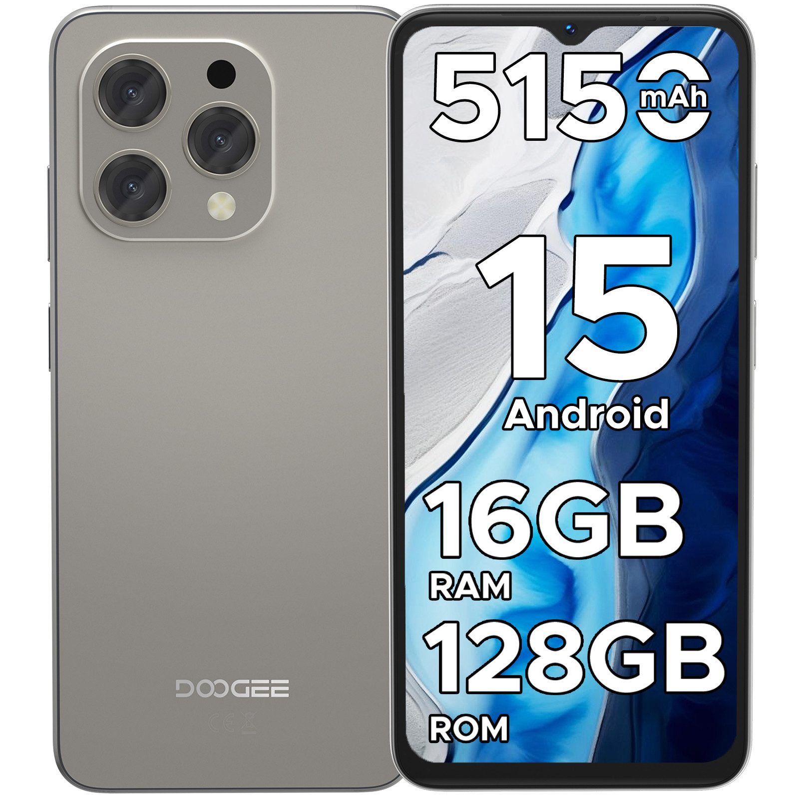 DOOGEE N55 Android 15 handy ohne vertrag 16GB +128GB,6.56" HD+ 90Hz Display Smartphone (6.56 Zoll, 128 GB Speicherplatz, 13 MP Kamera, 6.56" HD+ 90Hz IPS,5150mAh Akku, 13MP AI Kamera)